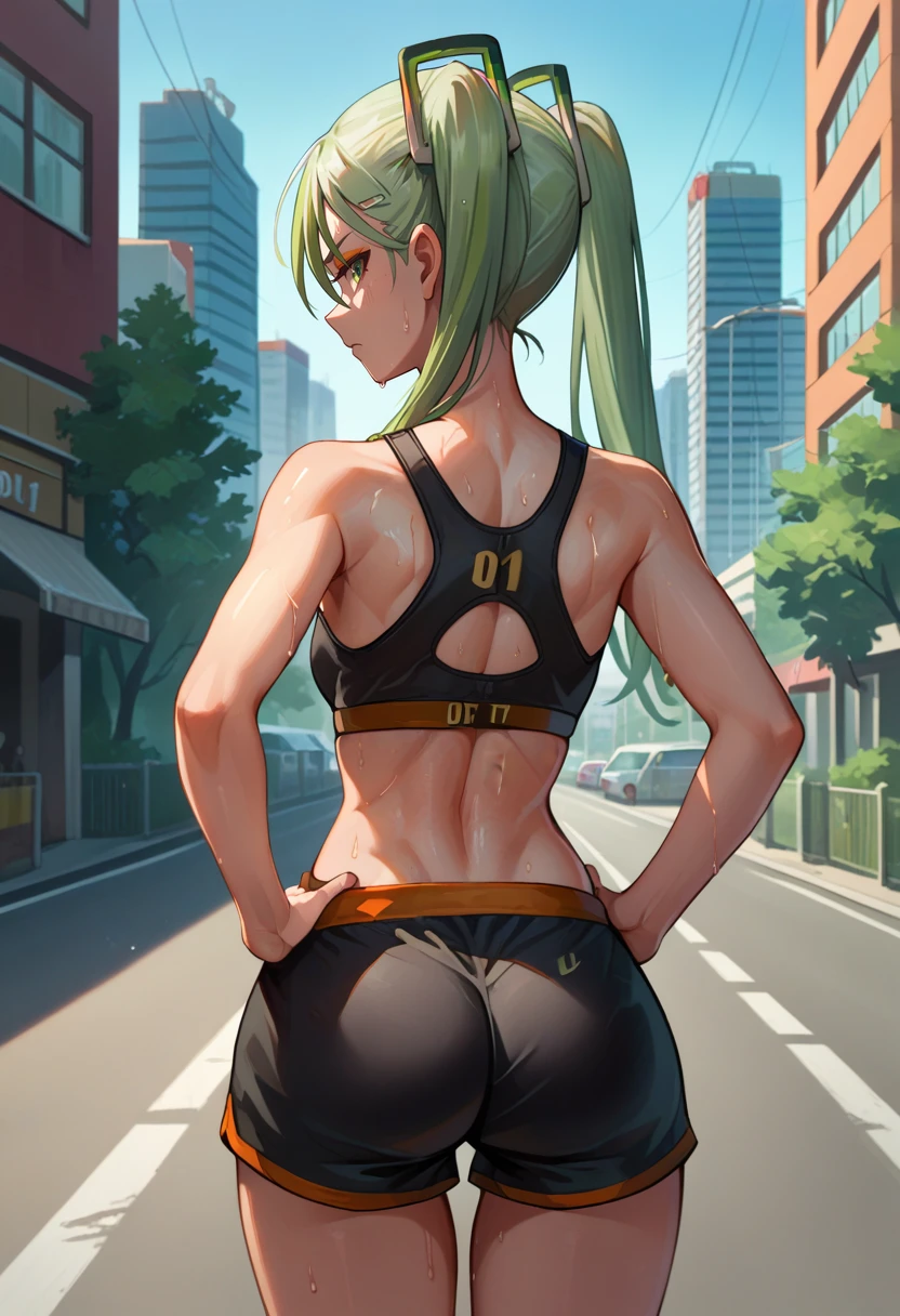 score_9, score_8_up, score_7_up, source_anime, from behind, solo, 1girl, fightingmiku, sweat, expressionless, looking back, hands on own hips, twintails, green eyes, eyeshadow, black sports bra, black shorts, short shorts, ass, outdoors, city street <lora:projectvoltage_fightingmiku_ponyXL:1>