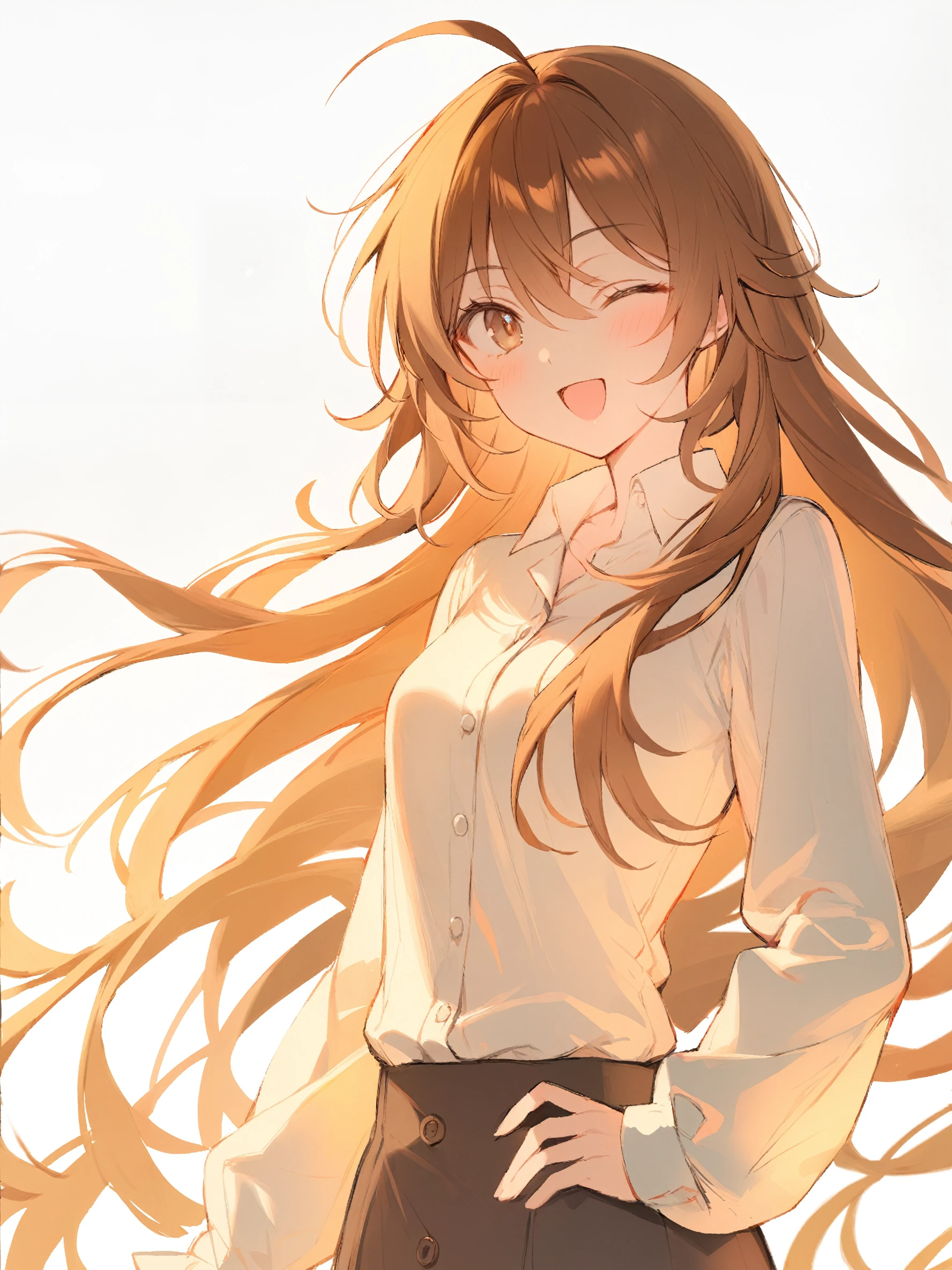 1girl,
solo, shirt, long sleeves, hand on own hip, dress shirt, hair between eyes, one eye closed, ahoge, blush, smile, white shirt, white background, alternate hairstyle, hair down, alternate costume, open mouth, upper body, looking at viewer, long hair, brown hair, ;d, collared shirt, sleeves past wrists, brown eyes, simple background,
masterpiece, best quality, safe
<lora:mki-ani31-blackmeow-v1-000120:1>