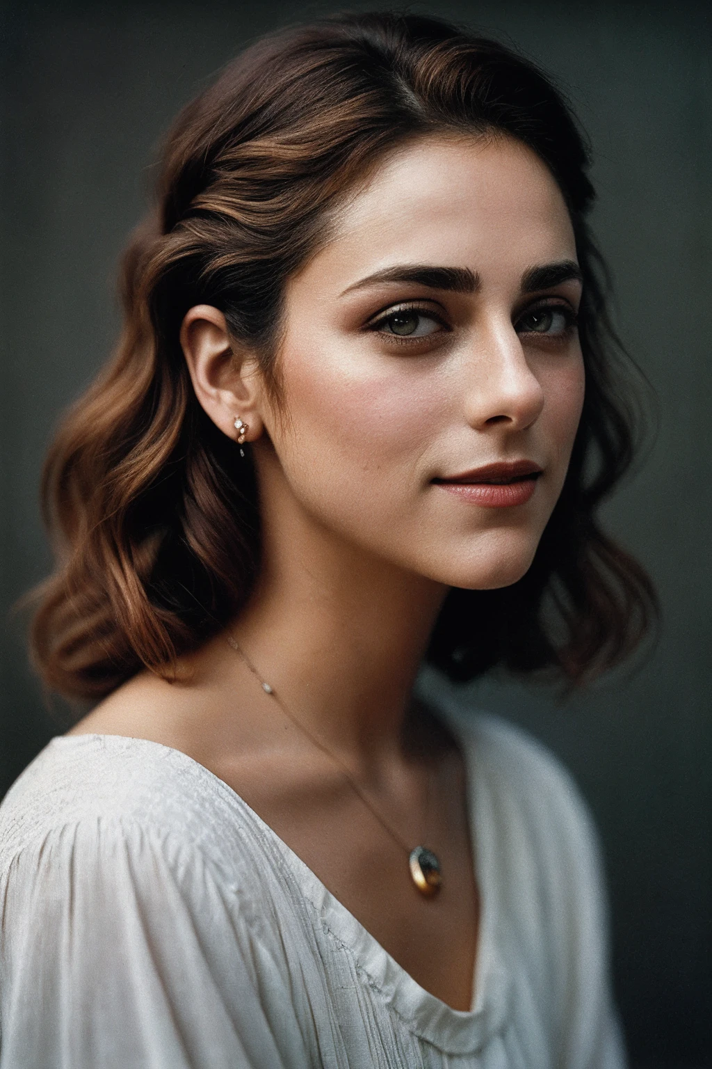 MiriamL_SoloTI_v1,, a woman, perfect hair, posing, (vintage photo, tunic), (closeup portrait), necklace, 24mm, (tintype), (analog, cinematic, film grain:1.3), ((plaing Charcoal Gray background, gradient)), ((detailed eyes)), smiling, (epicPhoto)