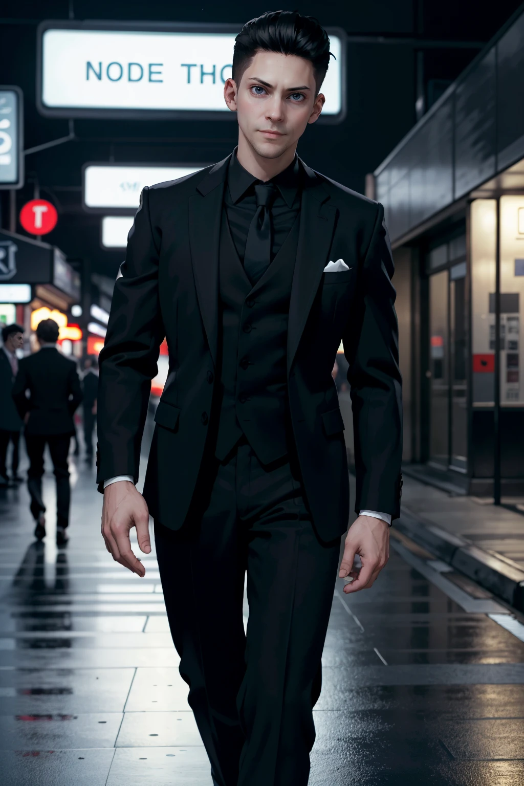 ((ultra detailed, masterpiece, absurdres))
<lora:DBHKamski:0.8>
DBHKamski, 1boy, undercut, black hair, in a sleek modern suit striking a pose in front of a neon-lit Tokyo street