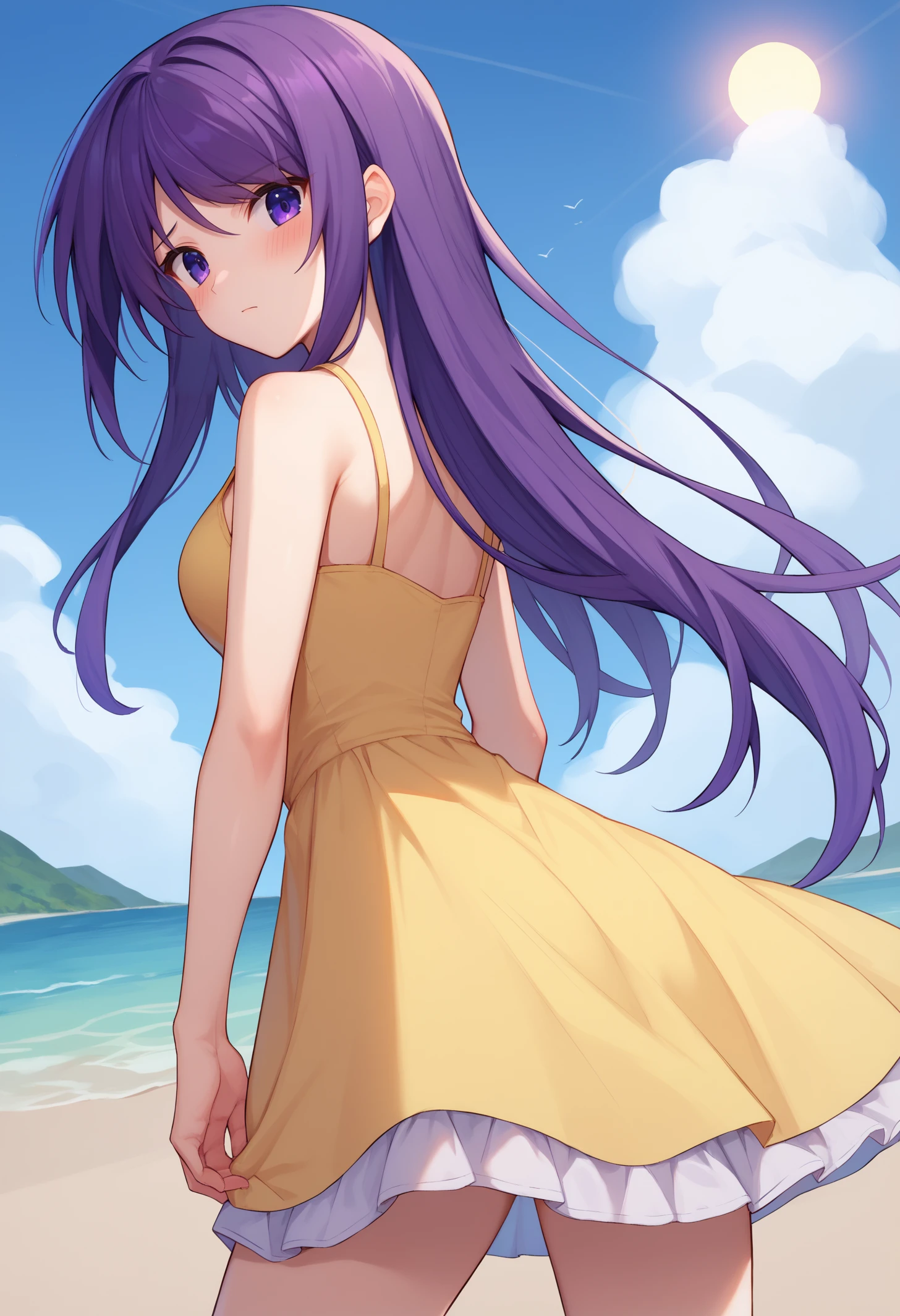 score_9, score_8_up, score_7_up, BREAK 1girl, solo, SenaAoi, purple eyes, purple hair, long hair, medium breasts, <lora:SenaAoiPDXL_V1-Manityro-CAME:1.0>, outdoors, beach, summer, sun, blue sky,
looking at viewer, looking back, blush, rear view,
yellow sundress,