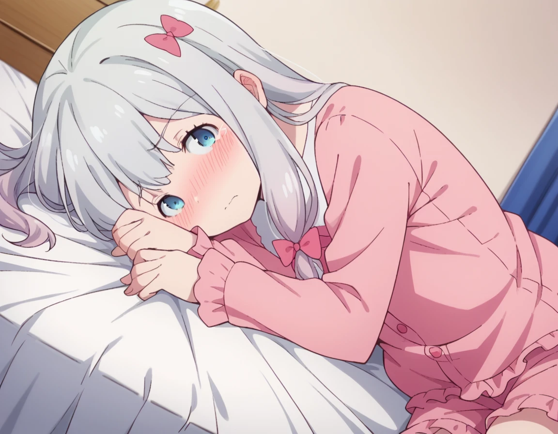 score_9, score_8_up, score_7_up, source_anime,
sagiriizumi, <lora:sagiri-izumi-s1-ponyxl-lora-nochekaiser:1>,
sagiri izumi, long hair, blue eyes, bow, hair bow, grey hair, pink bow,
ribbon, shorts, pink shirt, pajamas, pink shorts,
indoors, bed, bed room, on side, blush, drunk,
solo, looking at viewer, cowboy shot, dutch angle,