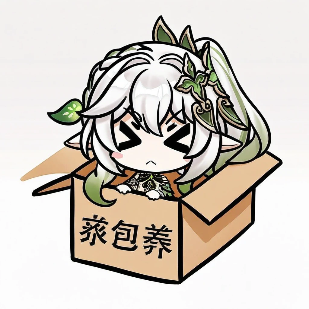 chibi, in-box, > <, (masterpiece),(best quality),solo, 1girl,flower, hair ornament,looking at viewer, open mouth, elf girl,pointy_ears,small breast, :), white hair,green hair,green eyes,symbol-shaped pupils, bangs, breasts,cross-shaped pupils, hair ornament, gradient hair,bare foot, black cat near foot,nahida (genshin impact),