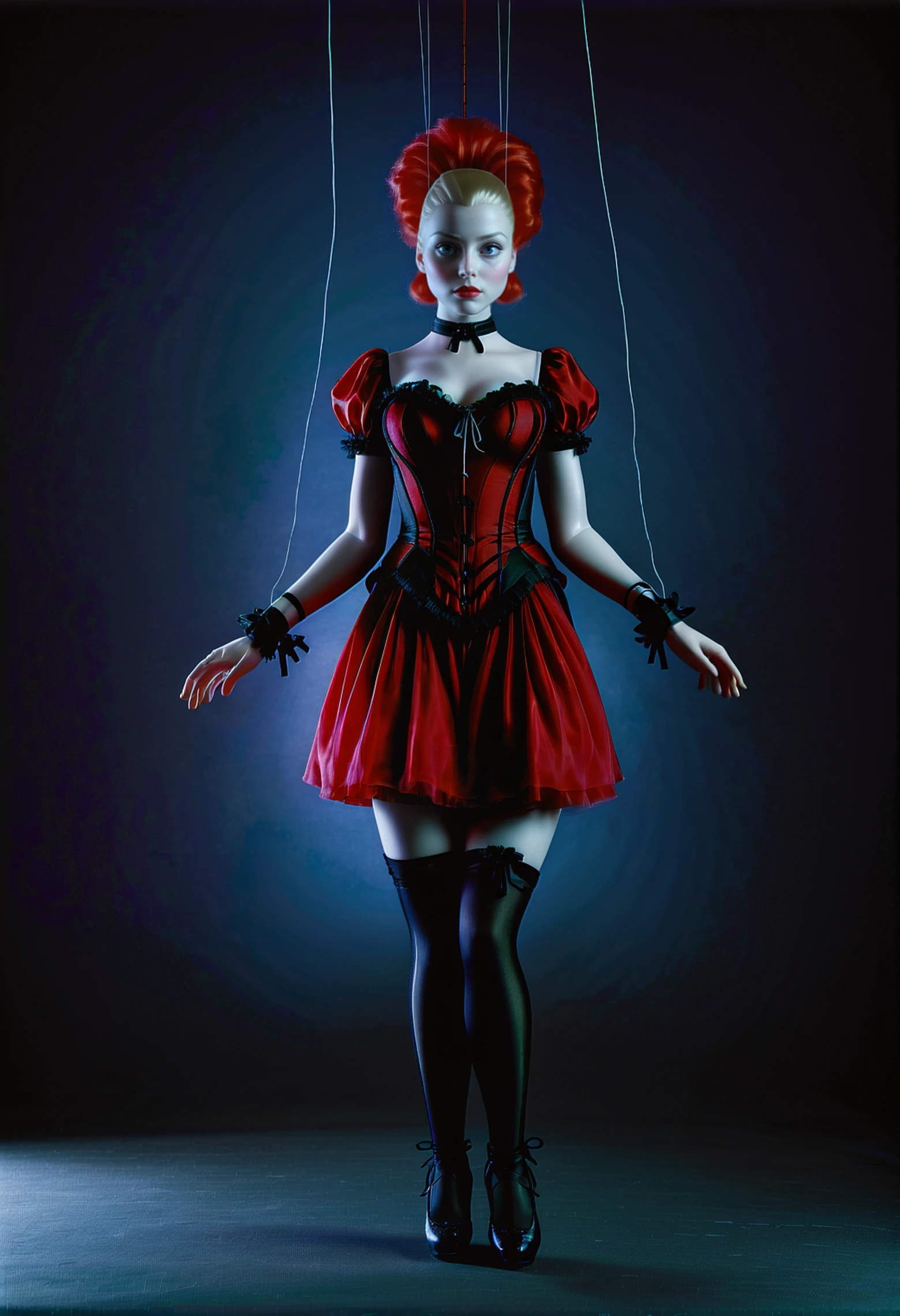 marionetka, a puppet in a red and black dress, holding a string, hdr, dslr, 16k UHD, detailed,