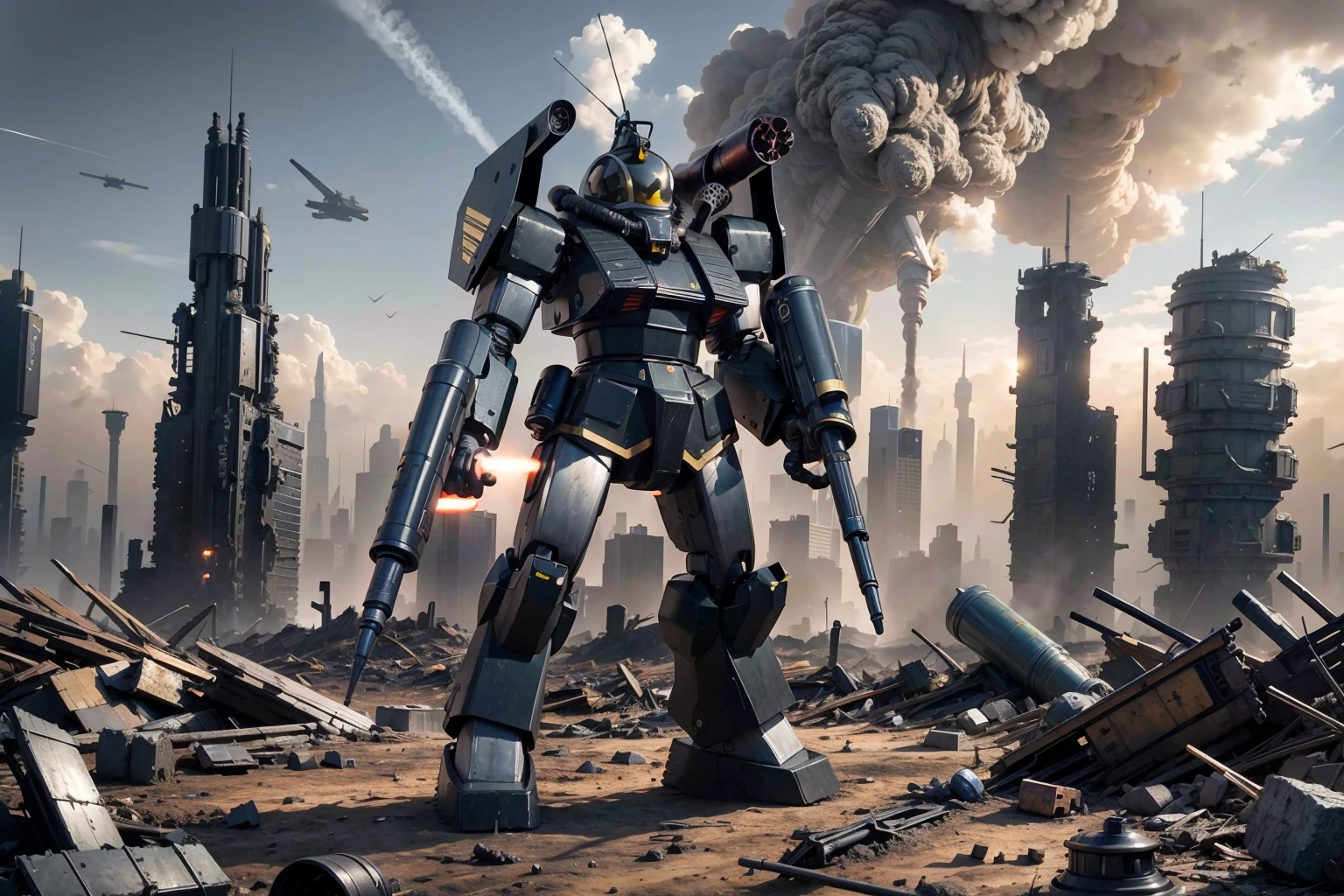 RAW photo of a giant black and gold painted robot with a gun in its hand, firing rockets from it's shoulder mounted rocket launcher, standing in a desolate, destroyed post-apocalyptic city, cloudy sky, harsh landscape, cluttered with debris
<lora:Robotech_ThorenGriffin:.8>