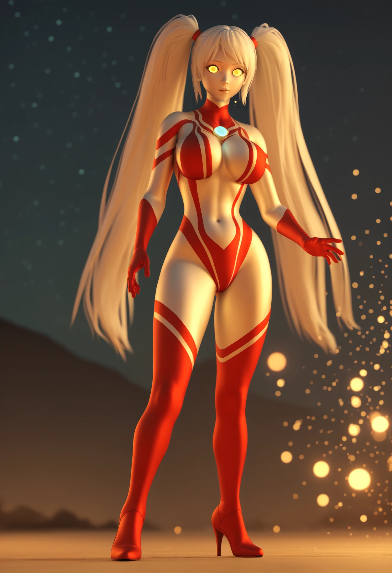 score_9, score_8_up, score_7_up, uncensored BREAK
blender,3D BREAK
1girl, ultrawoman, ultmerc,
white hair, long hair, twintails,  yellow eyes,
robot, colored skin, large breasts, high heels boots,
looking at viewer,
dark background, simple background, particles, bokeh,
black background,starry background,galaxy background,dark,contrast
<lora:Randommaxx_dark_offset_v1.1_lora_fp16:1>
<lora:UltrawomanXL:1>