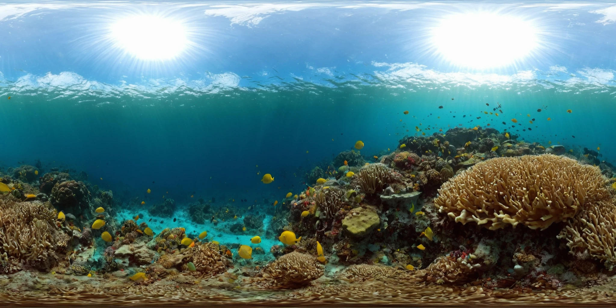 360panorama,<lora:HMSG360æµ·åºä¸çXL-000005:1>,<lora:åå½±XL:1>,Underwater world,Swimming fish,Coral reef exploration,Deep sea,Sunlight filtering through water,No specific artist,Photo-realistic,Fantasy,Digital painting,Nature scene,Vibrant marine colors,High-definition rendering,4K,High detail,