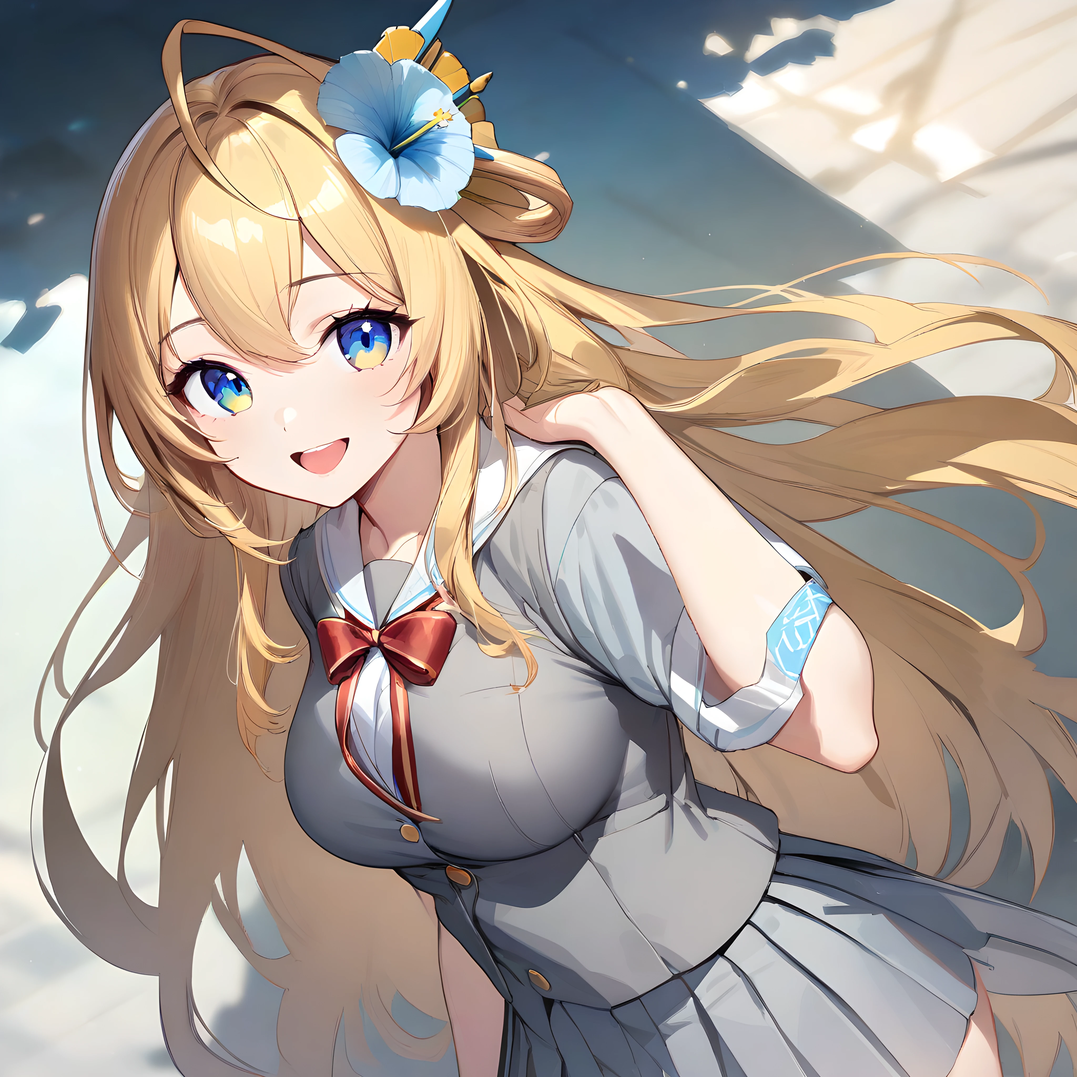 (masterpiece),(best quality),(ultra-detailed),(best illustration),(best shadow),(absurdres),(detailed background),(very aesthetic), lay ohva, 1girl, solo, blonde hair, solo, long hair, breasts, hair ornament, blue eyes, hair flower, flower, open mouth, smile, school uniform, grey uniform, pleated skirt, skirt, upper body,  <lora:XL-LayOhvav1:1>