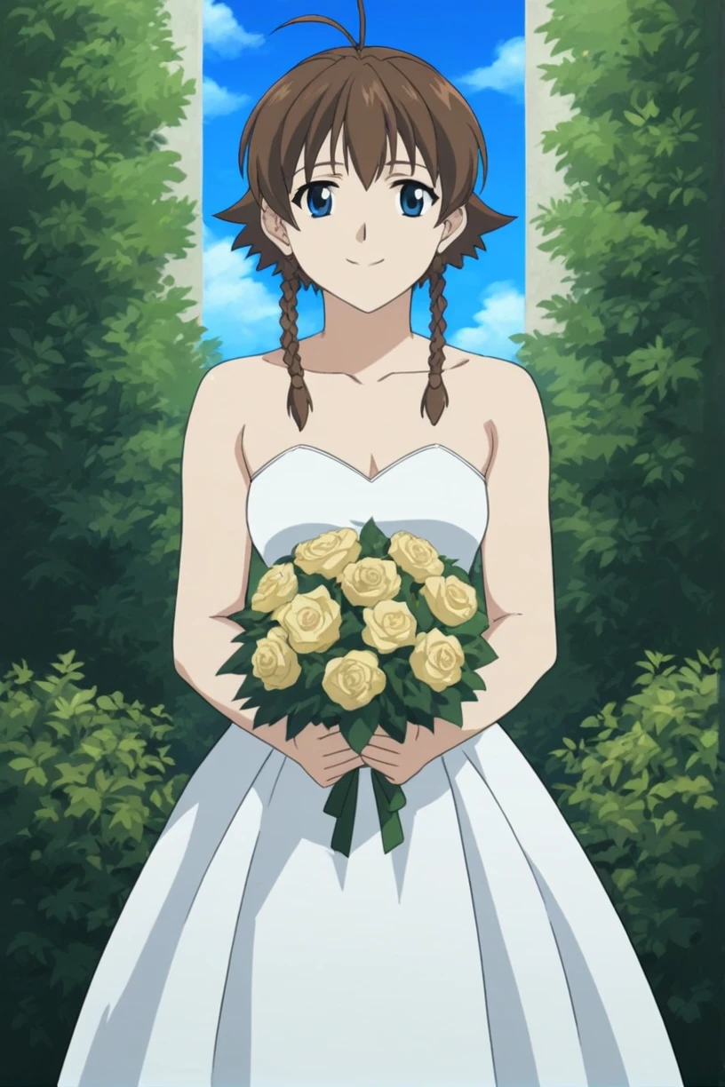 best quality,masterpiece,looking at viewer,absurdres,1girl,score_9,score_8_up,score_7_up,source_anime BREAK <lora:028-çå¾·è±åä¸-çæ ¼ä¸½ç¹ã»å·´é¡¿XLV1:0.8>,margaret burton,brown hair,short hair with long locks,twin braids,short hair,blue eyes,antenna hair,wedding dress,white dress,veil,garden,outdoors,standing,holding bouquet,blue sky,cloud,smile,half updo,french braid,ponytail,