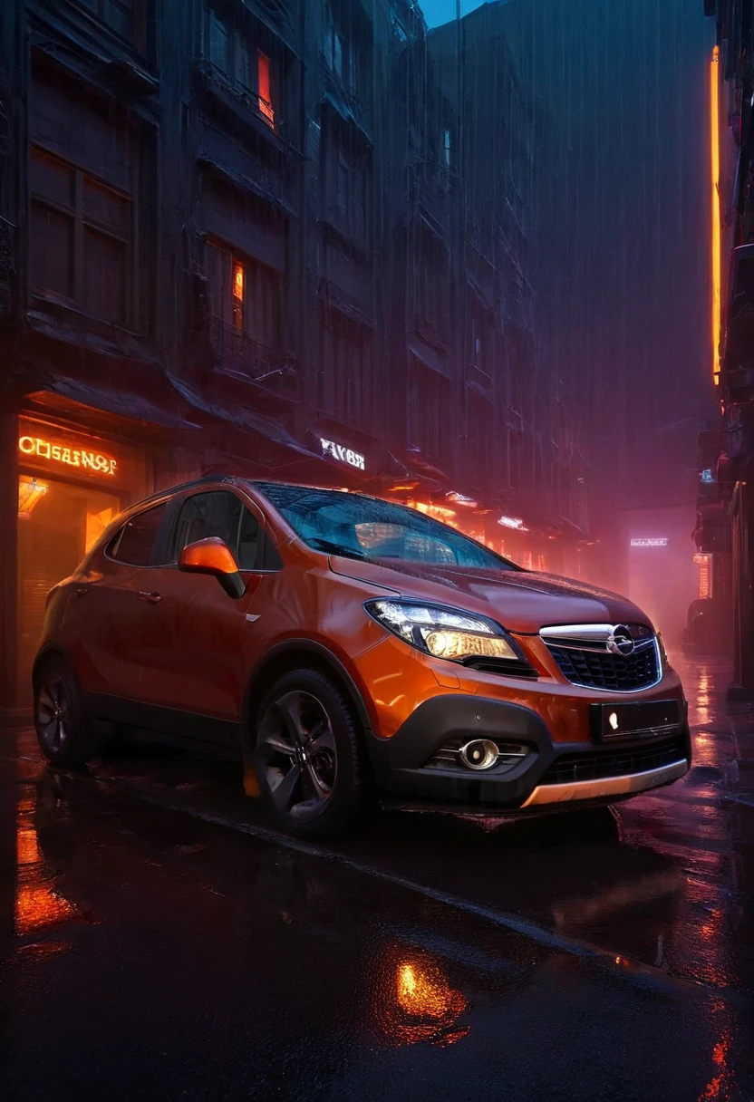 Transport yourself to a futuristic cityscape at night with neon lights reflecting off the wet pavement. In cyberpunk car orange Opel_Mokka_2012, the perfect ADDITIONAL COMBINATION of colors, decorated with glowing lights and bright colors. Capture the bright city lights, shimmering reflections on the wet road, and colorful neon signs in the background, haze in the distance, cinematic, inspiring atmosphere, highlighting forms, creating depth, drama, storytelling through shadows, color + light contour ltctr <lora:add-detail-xl:1> <lora:Opel_Mokka_2012:1> <lora:light_contour_sdxl:1> <lora:DonMP41n717Bl4ckXL:1> DonMP41n717Bl4ckXL