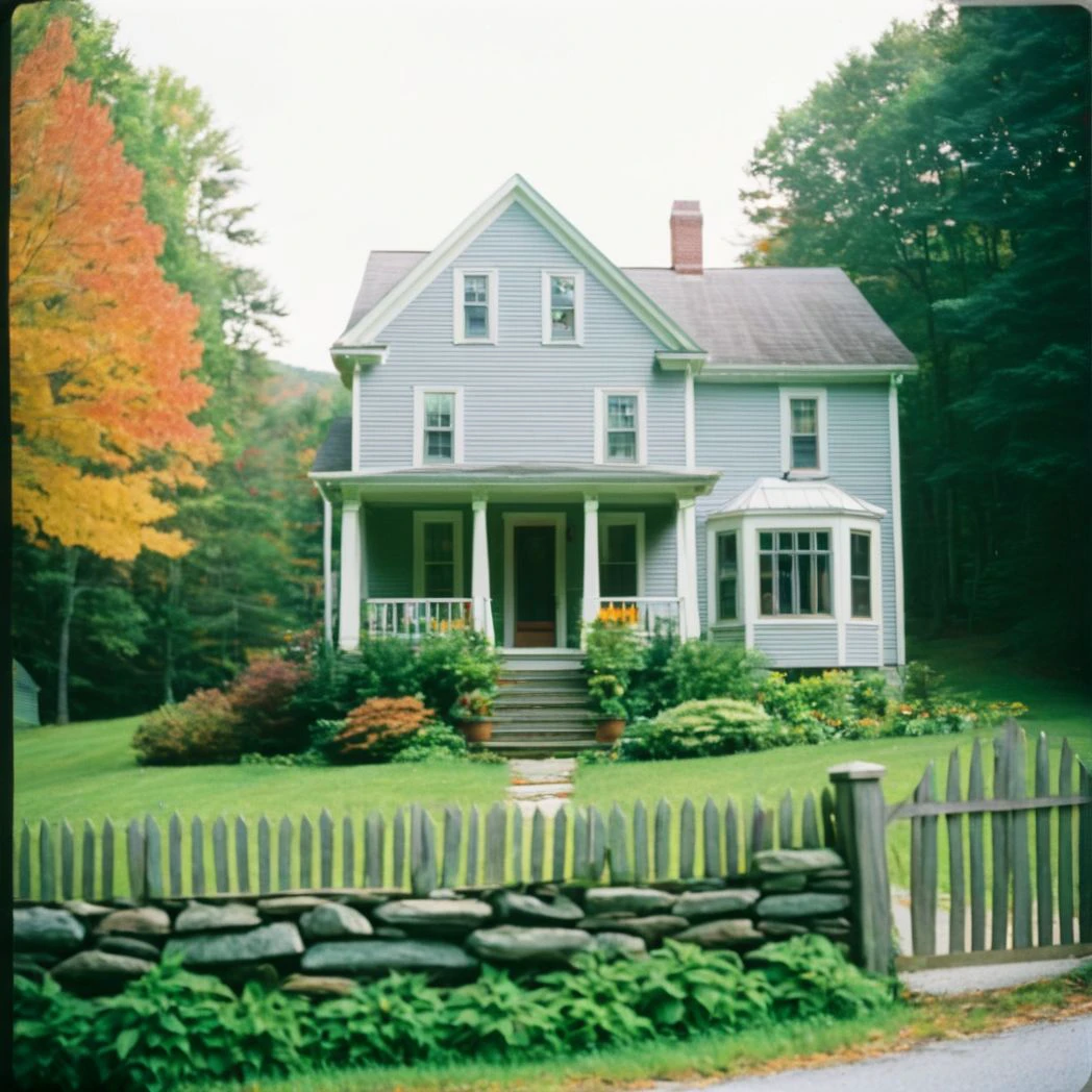 (film photography style:1.5) a quaint home in Vermont during September, medium grain <lora:SDXL_FILM_PHOTOGRAPHY_STYLE_V1:.8>