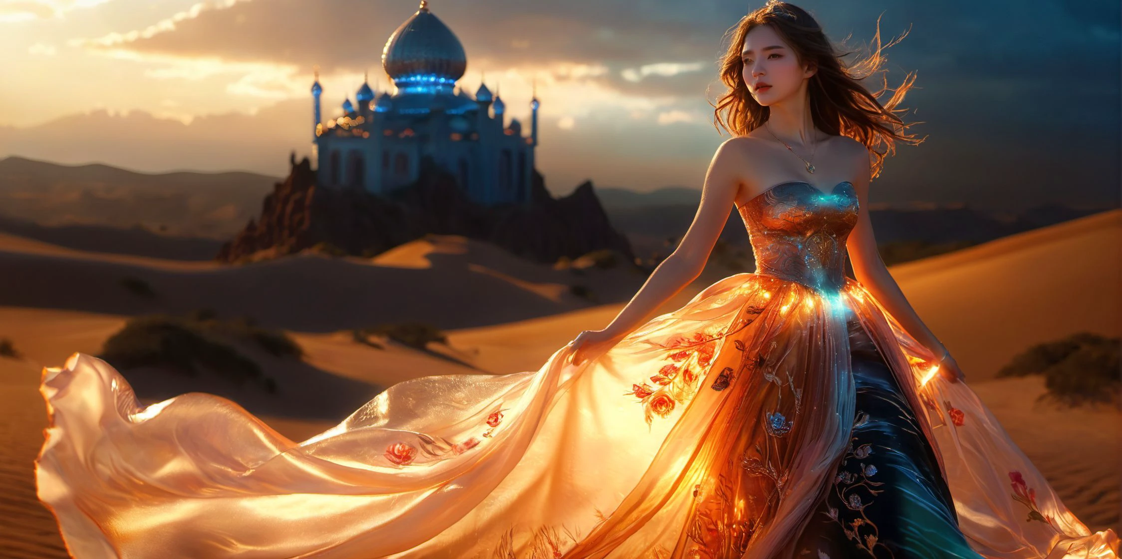 (8k, RAW photo, highly detailed,masterpiece, highest quality),rich colors,high contrast,film still,full shot body photo of the most beautiful artwork in the world,cinematic light,fantasy,highres,(detailed face),
XUER Silk Road glowing dress,<lora:绪儿XL 丝路流光裙 XUER Silk Road glowing dress:0.8>,bare shoulders,strapless dress,(glowing Transparent dress:1.4),(Detailed clothes description),jewelry,bracelet,glowing,necklace,(reflection:1.3),(Milky skin:1.2),(shiny skin:1.4),glowing,(very long hair:1.3),
(1girl,huge skirt,black dress,everywhere black roses,black rose,flowers,black flowers,the black cloud,exterior,depth of field,top view angle:1.4),