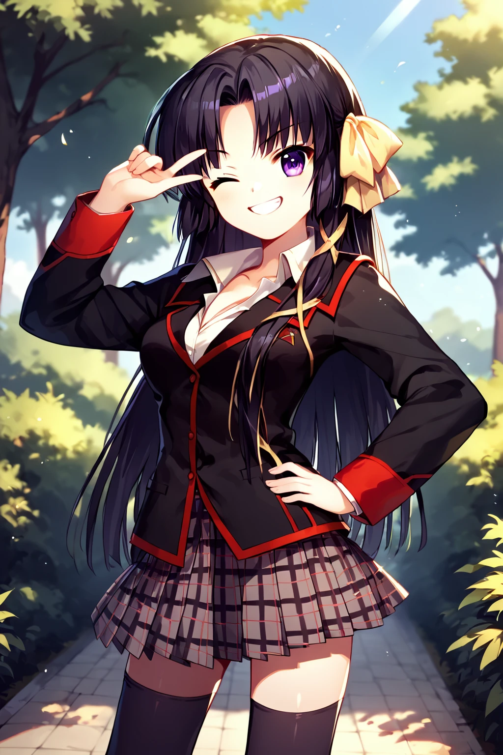score_9, score_8_up, score_7_up, score_6_up, rating_safe, source_anime, best quality, masterpiece, detailed background, detailed eyes, outdoors, school, hand on hip, wink, smug grin, <lora:kurugaya-yuiko-xl-06:1>, kurugaya yuiko, black hair, purple eyes, medium breasts, full breasts, black uniform with red trim, pleated grey plaid skirt, black stockings,