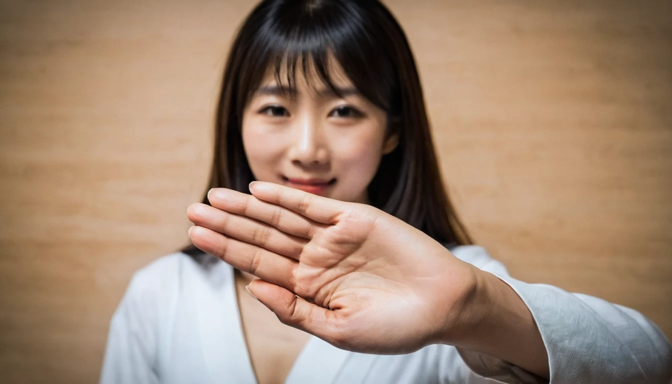 a beautiful japanse woman, 30 years old, showing her hand palm, blurry background, SimplePositiveXLv2 <lora:HGPOV:0.7>