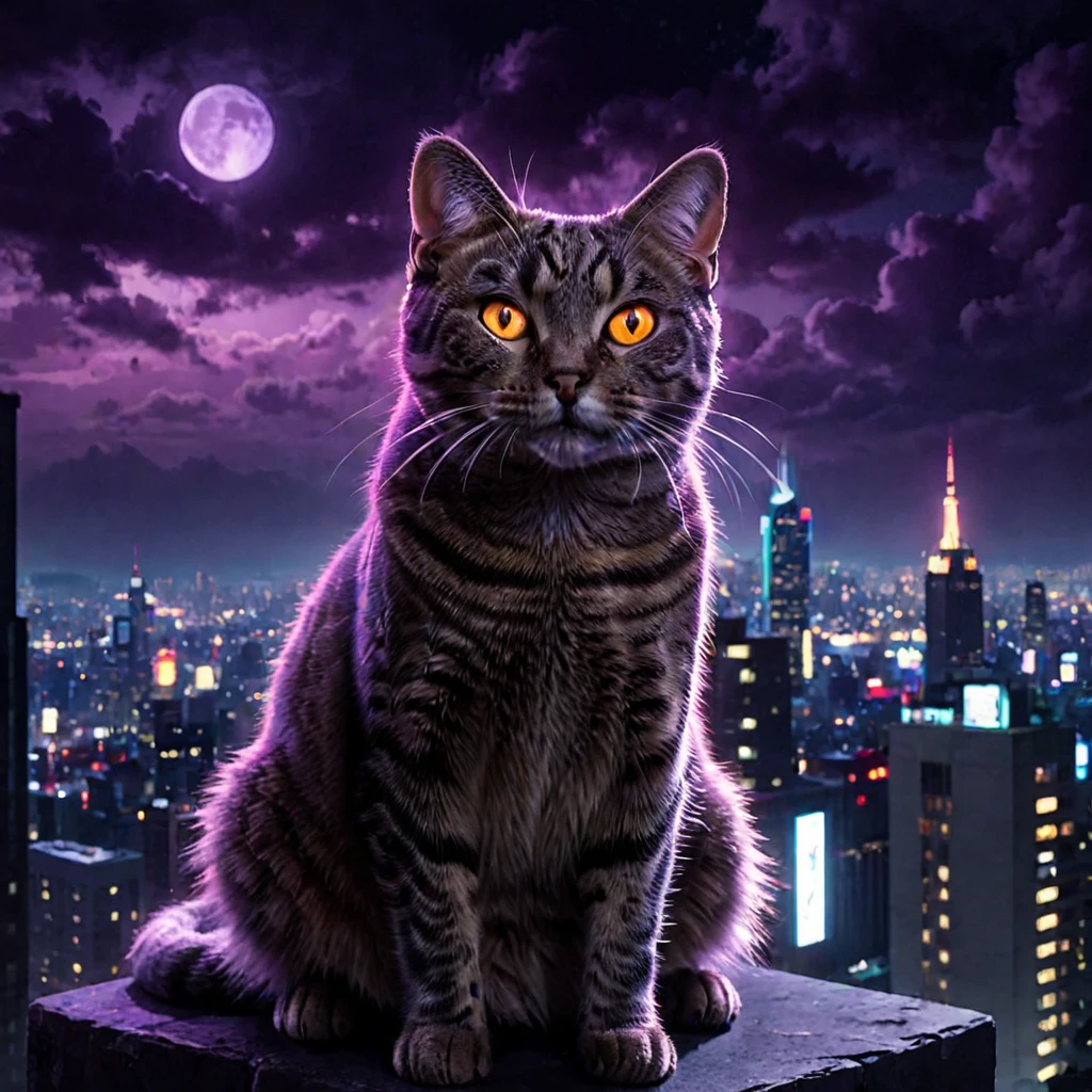 ADark and gritty, the sky is a deep shade of purple as a dark, glowing orb hovers above a cityscape. Fonzokrit cat, is in all its glory, with glowing red eyes and a thick coat that seems to glow with an otherworldly light. Its body is covered in anthropomorphic symbols and patterns, as if it's alive and breathing. The scene is both haunting and terrifying, leaving the viewer wondering what secrets lie within the realm of imagination., neon lights, realistic, glow, detailed textures, high quality, high resolution, high precision, realism, color correction, proper lighting settings, harmonious composition, behance work