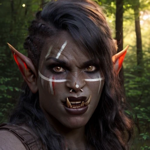 portrait photo of a woman, female orc, pale skin, mouth slightly open, seductive expression, war paint, black hair, sideswept hair, elf ears, DLSR, RAW photo, 4k, highly detailed, high quality, cinematic, vignette, bokeh, forest, sunny <lora:sheorc_v2_e10:1>