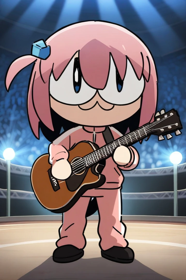 neco-arc, chibi, :3, tail,full body,(masterpiece),(best quality),1/girl, gotoh_hitori, bocchi_the_rock!, masterpiece, best quality, very aesthetic, absurdres, standing, stadium, holding guitar, facing viewer, nervous expression, pink tracksuit, audience background, stage lights, night, 2.5D,