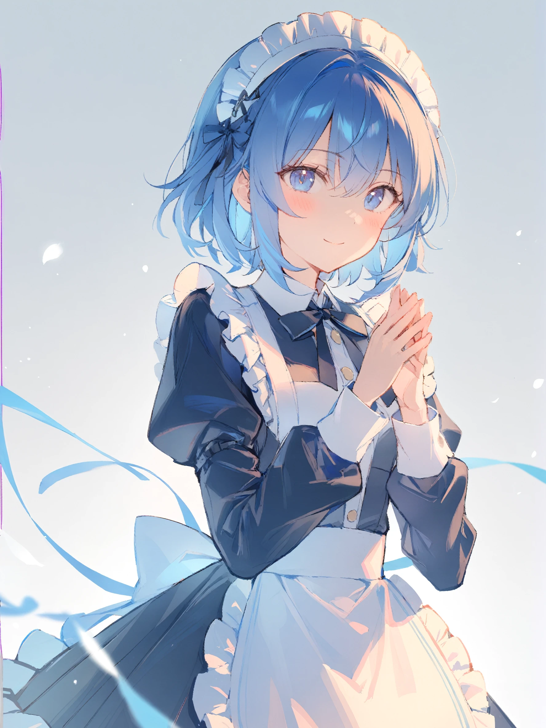 1girl,
solo, blue eyes, black ribbon, frilled apron, ribbon, apron, white apron, simple background, black dress, hairband, white hairband, closed mouth, frills, smile, short hair, frilled hairband, sidelocks, dress, maid, blush, own hands together, blue hair, neck ribbon, hair between eyes, white background, maid apron, looking at viewer, upper body, long sleeves, maid headdress, collared dress, hands up,
masterpiece, best quality, safe
<lora:mki-ani31-blackmeow-v1-000120:1>