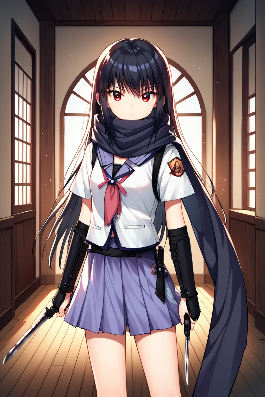 score_9, score_8_up, score_7_up, score_6_up, rating_safe, source_anime, best quality, masterpiece, detailed background, detailed eyes, indoors, cowboy shot, <lora:shiina-xl-06:1>, shiina, black hair, red eyes, small breasts, school uniform, lavender skirt, ninja scarf, gauntlets, black boots, knife,