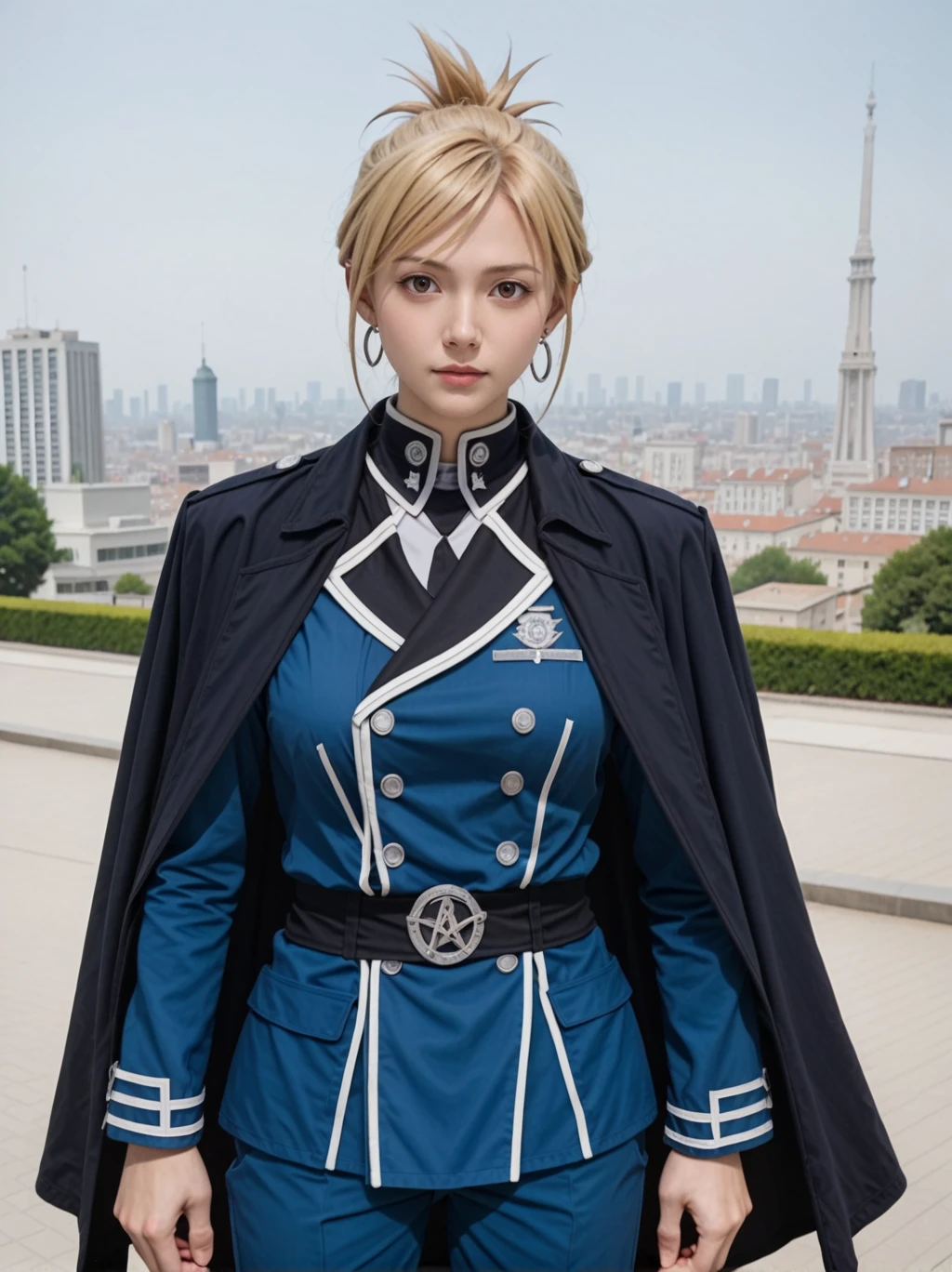 1girl, riza hawkeye, fullmetal alchemist, brown eyes, blonde hair, short hair, folded ponytail, earrings, amestris military uniform, dark blue jacket, long sleeves, dark blue pants, blue waist cape,
looking at viewer,official art,clothing, cosplay,photo,uncensored,rating_safe, cowboy shot,pose,outside, city,