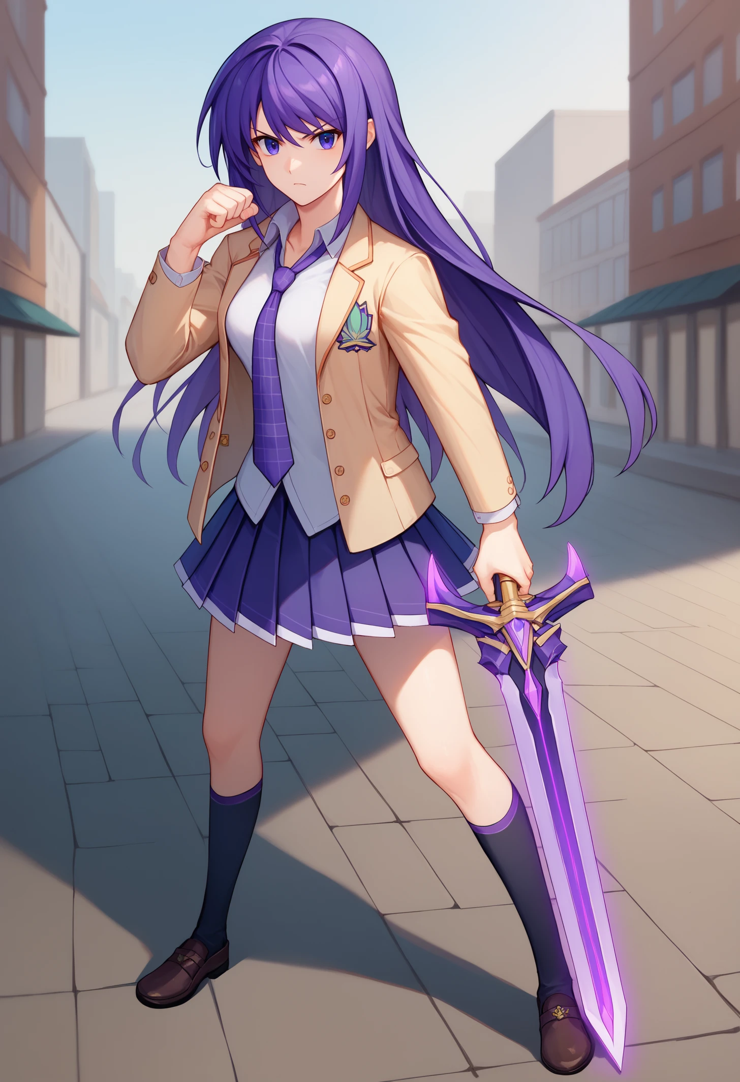 score_9, score_8_up, score_7_up, BREAK 1girl, solo, SenaAoi, purple eyes, purple hair, long hair, medium breasts, <lora:SenaAoiPDXL_V1-Manityro-CAME:1.0>, outdoors, courtyard, city,
looking at viewer, holding sword, serious, hand up, fighting stance, full body,
uniform, emblem, beige jacket, white shirt, collared shirt, plaid necktie, purple necktie, pleated skirt, purple skirt,