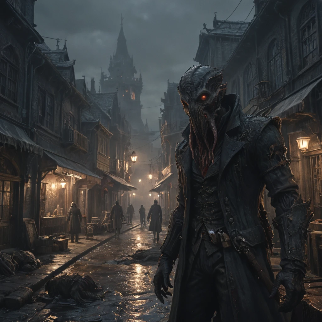 The city of yharnam, bloodborne, cthulhu mythos, oil painting, done with japanese brush technique, realistic, extreme detail, scary, terrifying, dark and warm environment, 8k, looking at viewer

, cinematic lighting, volumetric lighting, Film grain, cinematic film still, shallow depth of field, highly detailed