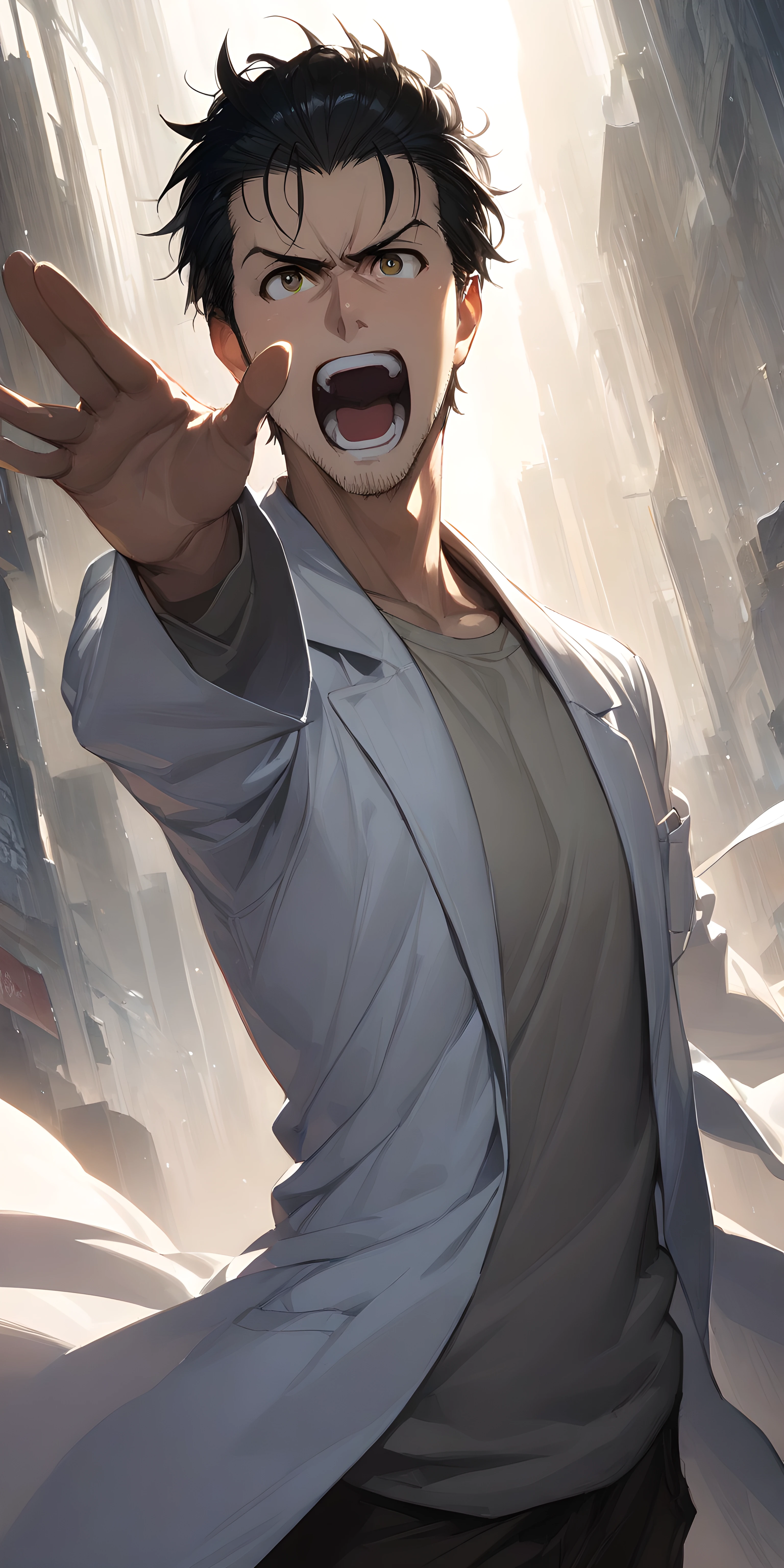 (masterpiece),(best quality),(ultra-detailed),(best illustration),(best shadow),(absurdres),(detailed background),(very aesthetic), okabe rintarou, 1boy, male focus, solo, facial hair, labcoat, black hair, stubble, open mouth, shirt, shouting <lora:Okabe_Rintarou:1>