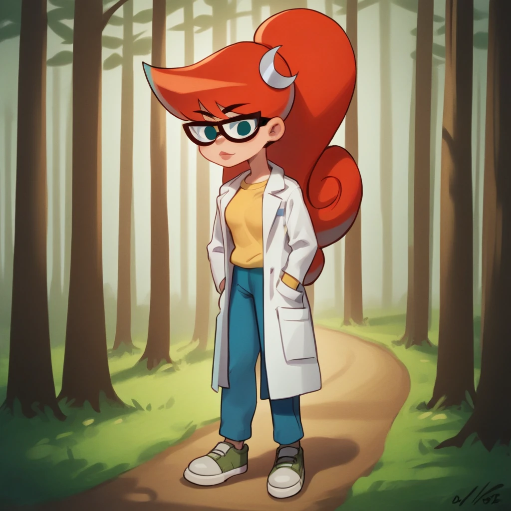 score_8_up, BREAK, source_cartoon, solo, 1girl, Mary, Red hair, long hair, high ponytail , blue eyes,  glasses, blue pants , yellow t-shirt,  crescent hair ornament , lab coat, long sleeves,    <lora:MaryTest_LeafXL_1:1>, forest, full body, shoes,