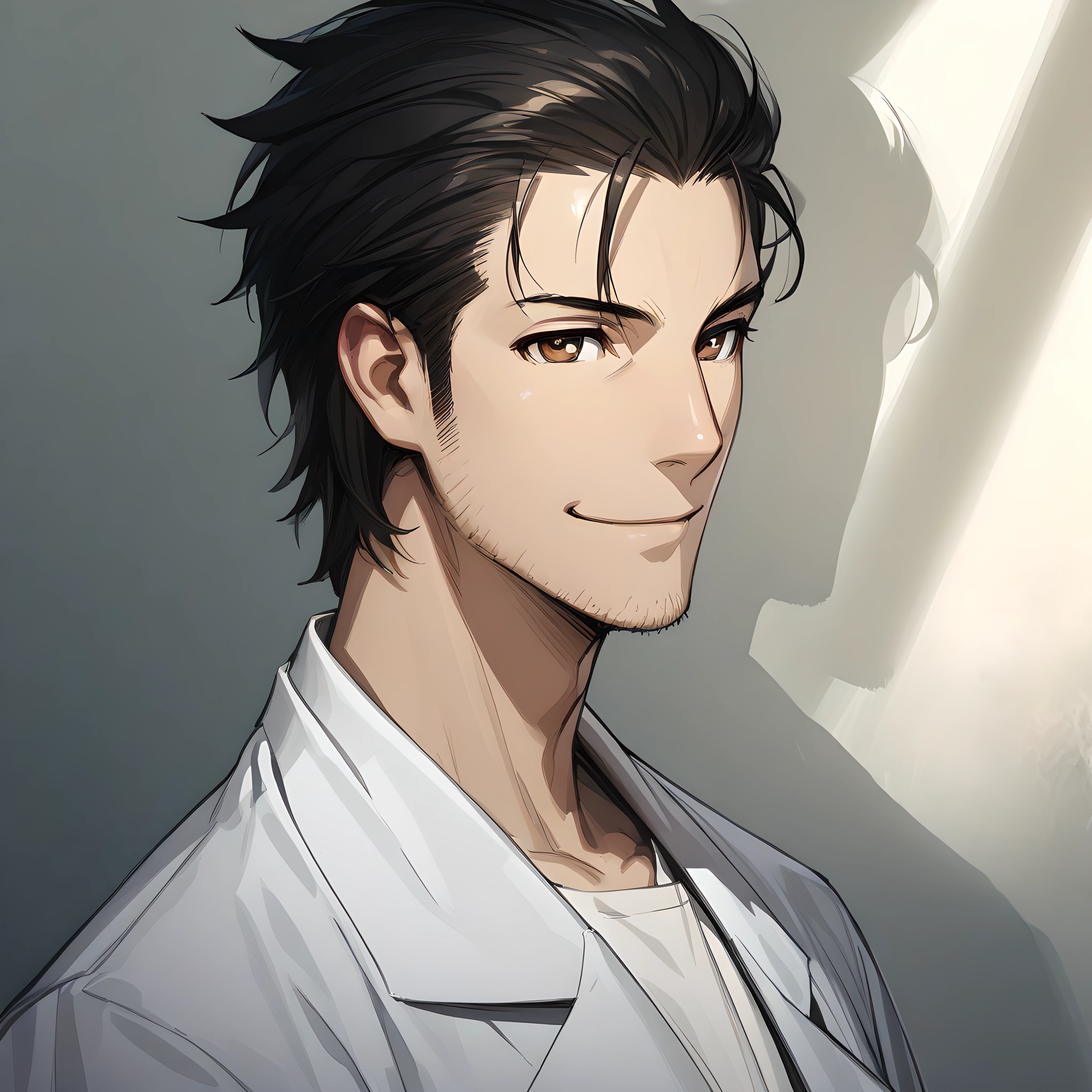 (masterpiece),(best quality),(ultra-detailed),(best illustration),(best shadow),(absurdres),(detailed background),(very aesthetic), okabe rintarou, brown eyes, stubble, black hair, facial hair, labcoat, smile, portrait, 1boy, male focus, solo, <lora:Okabe_Rintarou:1>