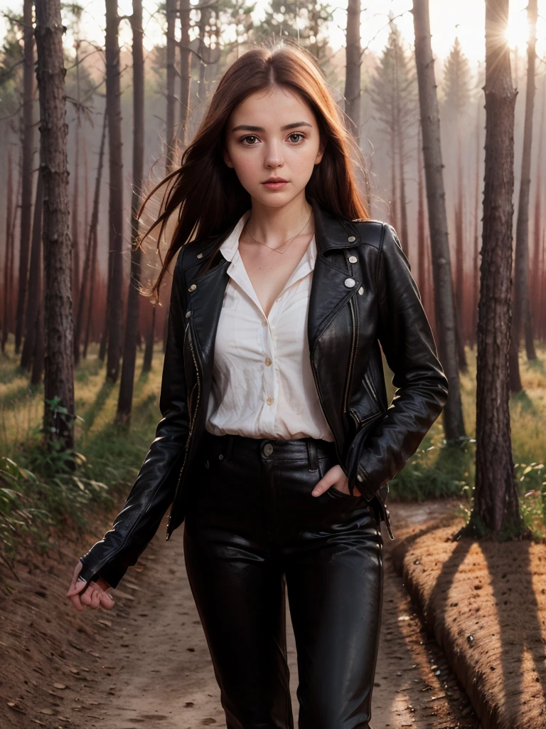 Analog photograph, tv_Benedita_Balaya_MXAIV2, elegant, casual, walking through the woods, wearing a leather duster, wearing leather pants, wearing a white shirt, wearing black boots, walking towards the camera, golden hour, god rays, (((Ultra-HD-details, Ultra-HD-detailed, Ultra-HD-realistic, Ultra-HD-photo-same-realistic-quality-details))), 8k uhd, dslr, soft lighting, high quality, film grain, Fujifilm XT3