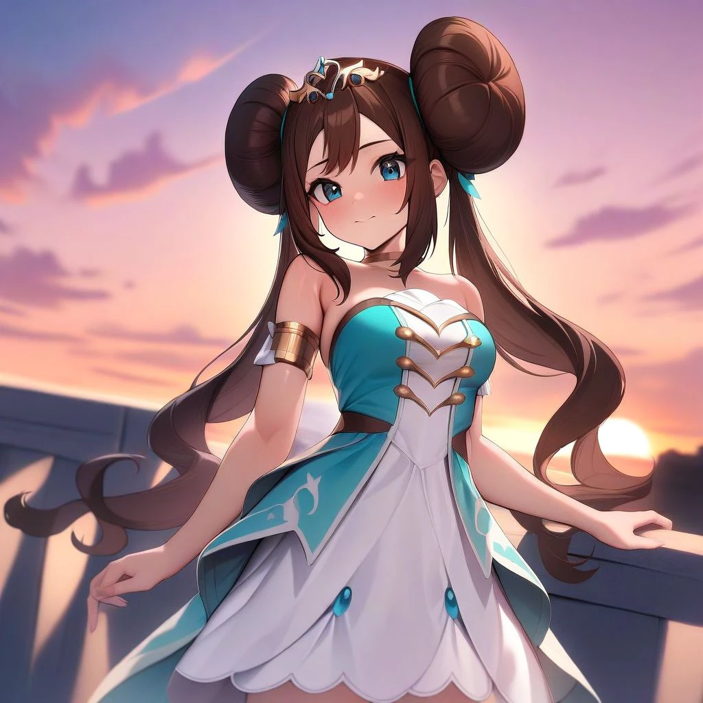 high quality, masterpiece, best quality, aesthetic, very aesthetic, solo, sunset, 1girl, brown hair, blue eyes, double bun, twintails, long hair, wavy hair, tiara, aqua dress, white dress, strapless, armlet