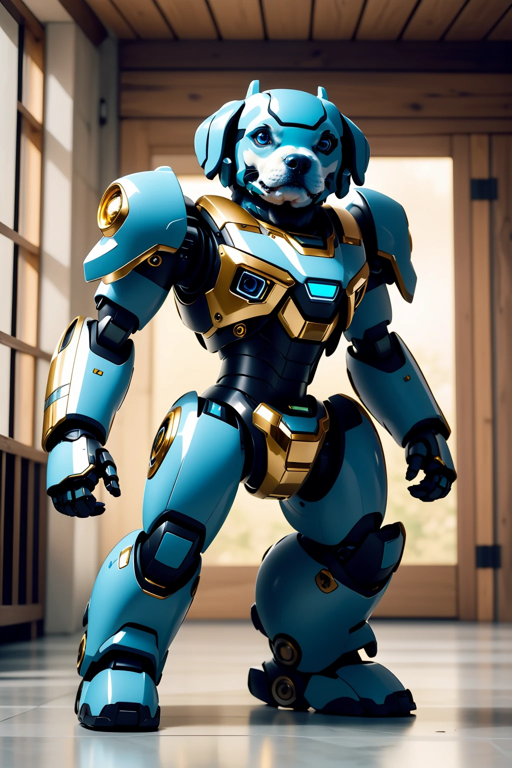 masterpiece,best quality,robotzoo, dog mecha, cute, no humans, solo, standing, blue eyes, full body, indoors, ,<lora:robotzoo_v1.4:0.85>