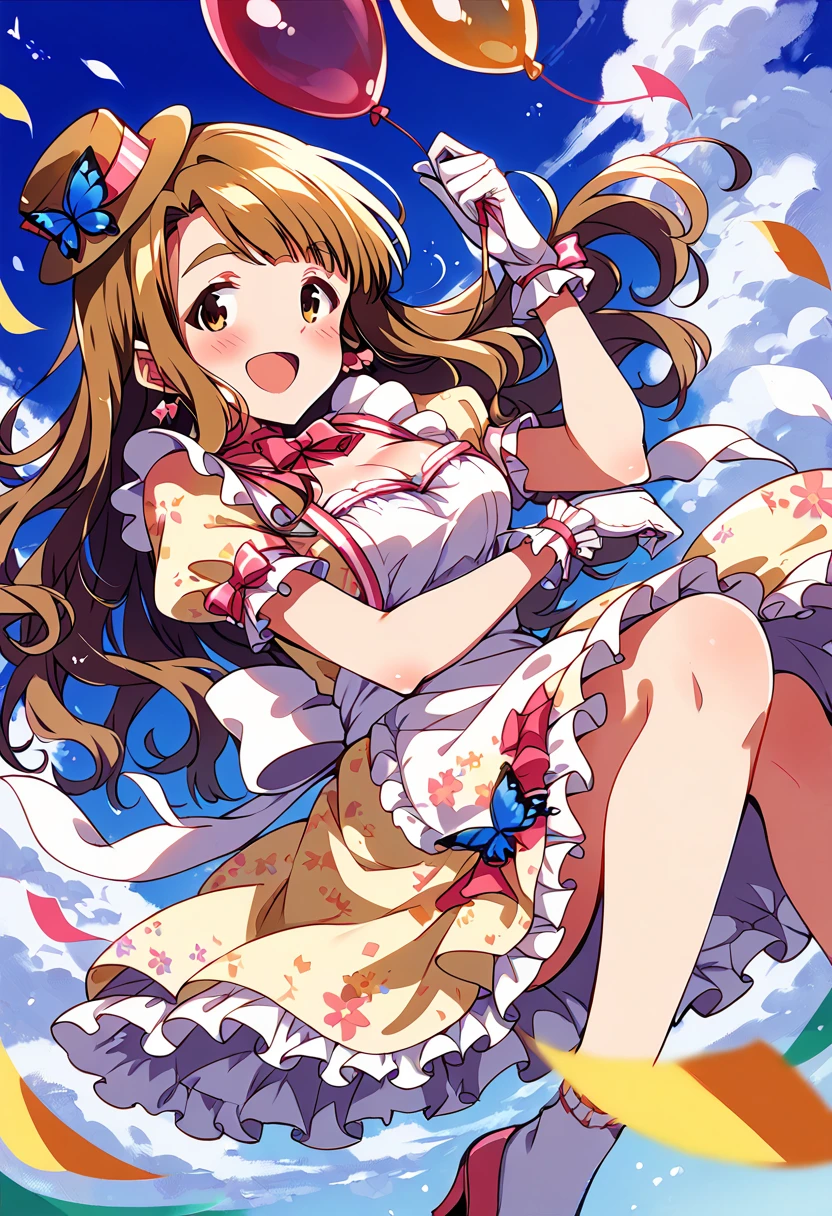 score_9, score_8_up, score_7_up, source_anime BREAK
miyao miya, cheers everyone, 1girl, solo, open mouth, smile, white gloves, long hair, brown eyes, thick eyebrows, confetti, looking at viewer, holding balloon, :d, frills, floral print, brown hair, mini hat, puffy short sleeves, white legwear, eyebrows visible through hair, frilled dress, blush, collarbone, blue background, pink bow, print dress, pink footwear, eyebrows, tilted headwear, pink neckwear, frilled skirt, yellow dress, bowtie, medium breasts, wavy hair, pink ribbon, cleavage, sitting, ribbon choker, top hat, bobby socks, neck ribbon, depth of field, brown headwear, petticoat, frilled sleeves, yellow skirt, simple background, pink hairband, mary janes, print skirt, frilled legwear, mini top hat, knees up, blue sky, frilled gloves, high heels, floating, earrings, hair bow, shirt, lace trim, streamers, curly hair, dutch angle, striped bow, lace, outdoors, pink dress, yellow eyes, large breasts, feet out of frame, bare legs, swept bangs, hair ornament, white footwear, leg up, floating hair, blonde hair, white apron, sidelocks, knee up, day, bow choker, red bow, glove bow, white socks, red ribbon, butterfly hat ornament, hat flower, hat ribbon, blue butterfly, white flower
<lora:miyao_miya_sdxl_locon_pony_v1:0.7>