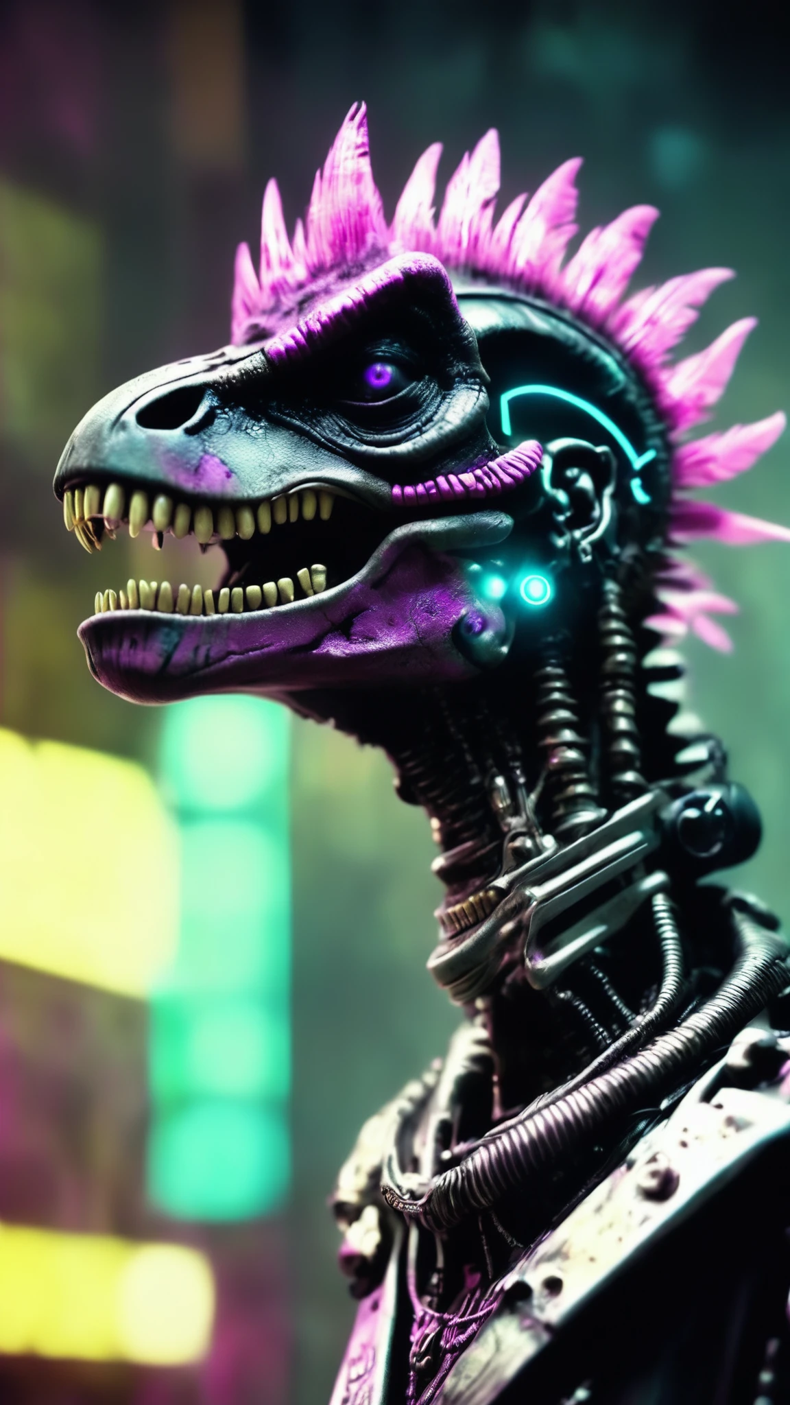 alien god , a person with a face painted with a skull and a mohawk robotic , neonpunk style . cyberpunk, vaporwave, neon, vibes, vibrant, stunningly beautiful, crisp, detailed, sleek, ultramodern, magenta highlights, dark purple shadows, high contrast, cinematic, ultra detailed, intricate, professional, cinematic film stil . shallow depth of field, vignette, highly detailed, high budget Hollywood , bokeh, cinemascope, moody, epic, gorgeous, film grain, grainy, horror movieciraptor screaming by Diane Arbus taken by Joshua Hoffine taken by Rick Jones<lora:Alien_God_V3:1><lora:Alien_God_V3:1>