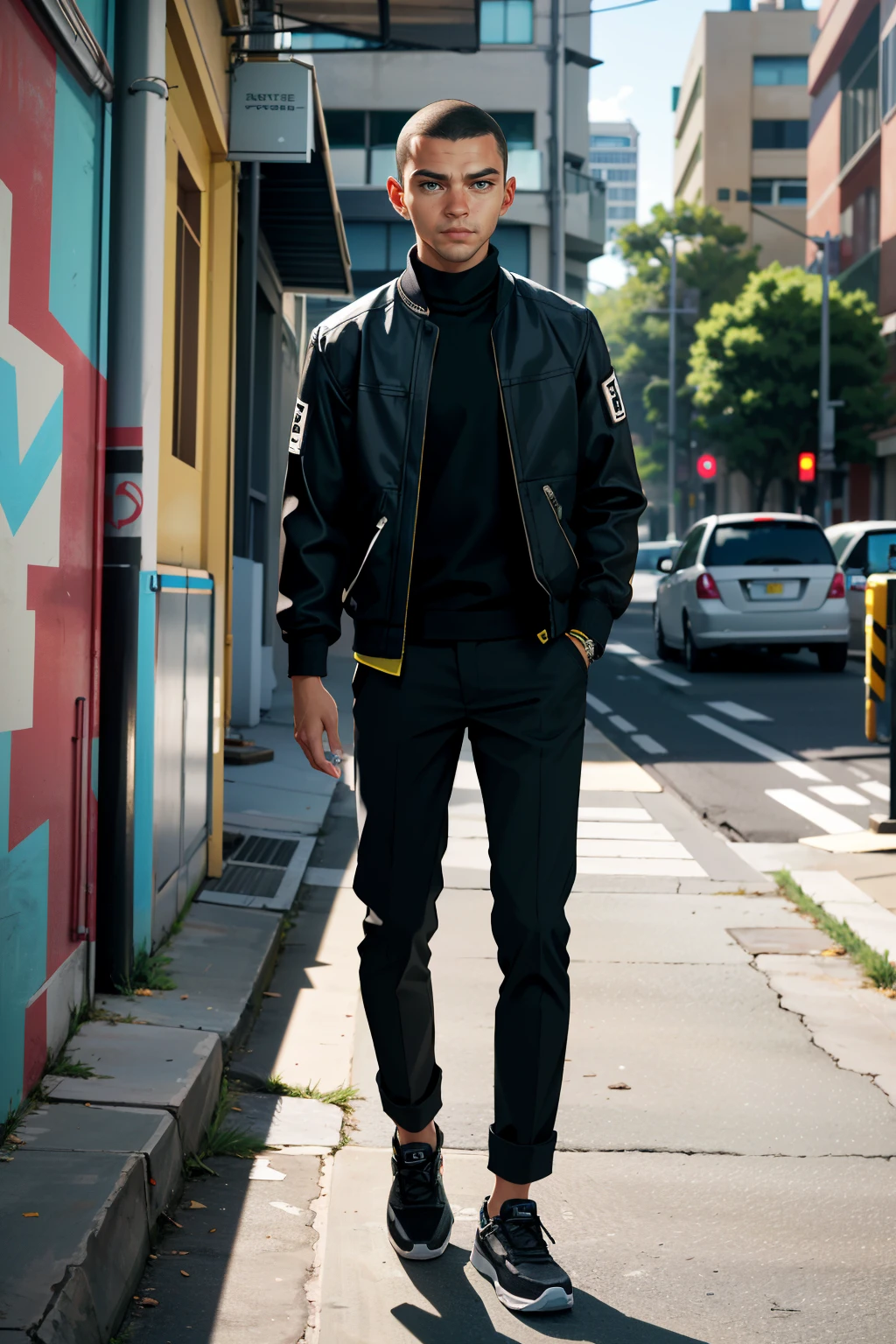 ((ultra detailed, masterpiece, absurdres))
<lora:DBHMarkus:0.8>
DBHMarkus, 1boy, buzz cut, dark skin, Urban street scene with vibrant graffiti murals, model in stylish attire