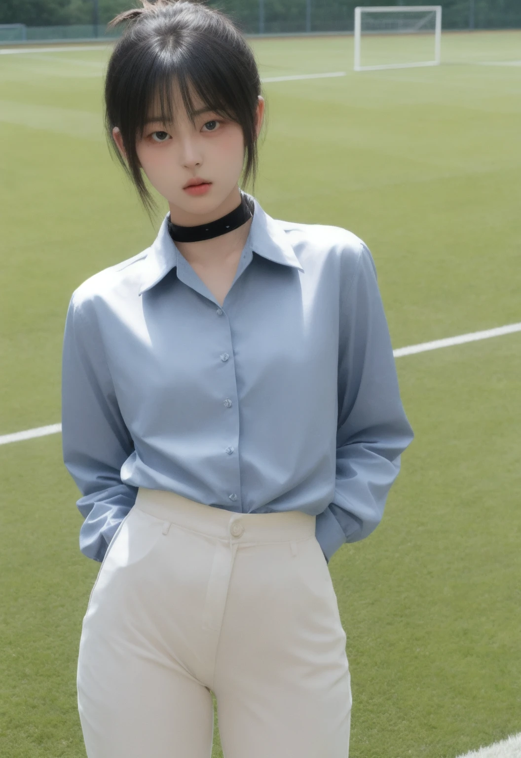 masterpiece, high quality,1girl, standing, jeans, crotch seam,thigh gap,, thin, flat chest, standing, soccer field,, shiny skin, skin tight,, hairbun, cameltoe, hands in pockets, skinny,collared shirt, v-neck, choker,
<lora:ip-adapter-faceid-plusv2_sd15_lora:0.63> <lora:nolovecat_v1:0.5>