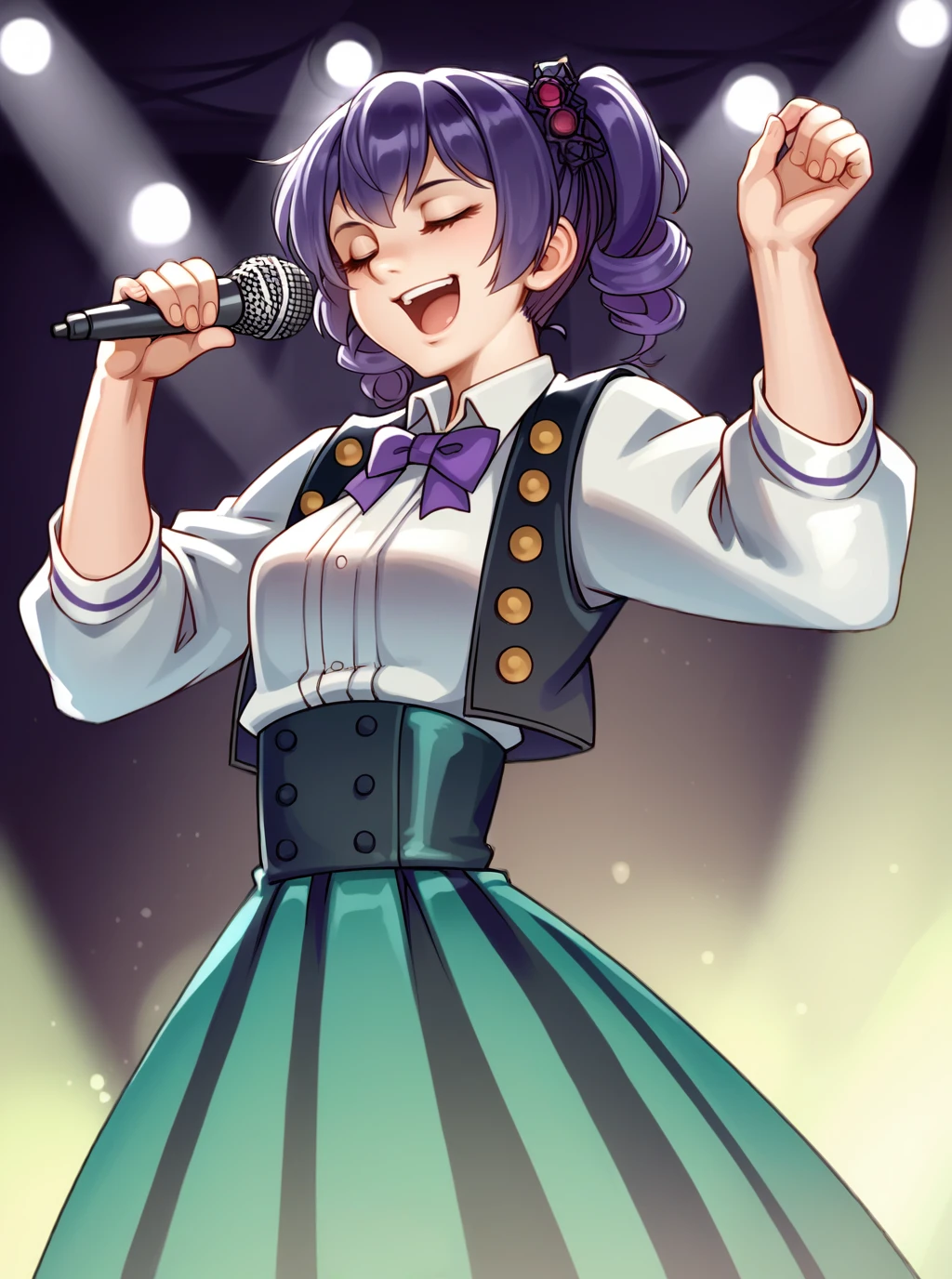 score_9, score_8_up, score_7_up, source_anime, solo, 1girl, waistcoat, , , closed_eyes, idol, stage, microphone, shrugging, , kairunoburogu, <lora:kairunoborugu_PDXL-000001:1>