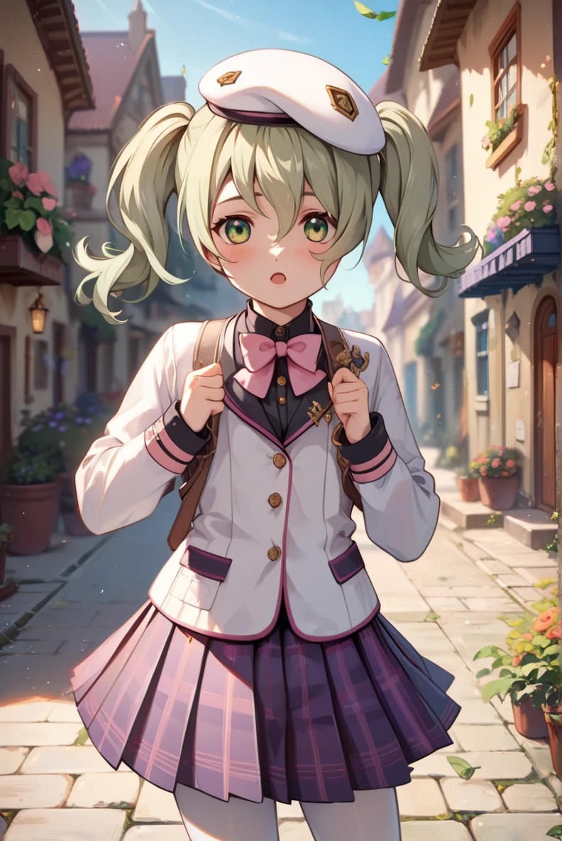score_9, score_8_up, score_7_up, very aesthetic, source_anime, detailed, high quality, beautiful, masterpiece, detailed eyes,
village, blurry background,
<lora:lightXL:0.8>
cowboy shot, upper body,
flat chest,
blush, open mouth,
<lora:elizeX1_autismConfetti_v02:1> elize lutus, school uniform, white beret, twintails, light green hair, green eyes, pink bow, white blazer, pleated skirt, purple plaid skirt, white tights, black shirt, long sleeves,, zPDXL