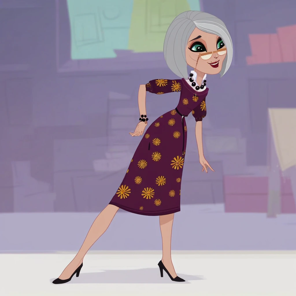score_9_up, score_8_up, score_7_up, score_6_up, score_5_up, score_4_up, anna_twombly, solo, 1girl, glasses, makeup, jewelry, purple dress, necklace, lipstick, mole, high heels, smile, in a petshop, (realistic), (painted art)