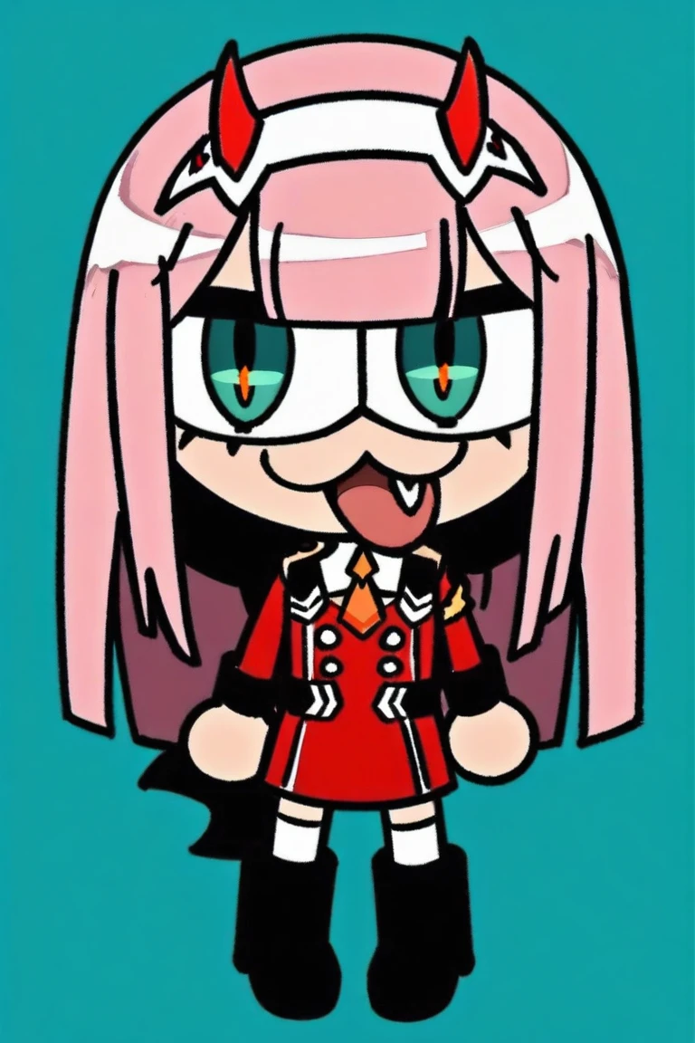 neco-arc, chibi, :3, tail,full body,(masterpiece),(best quality),1girl, aqua_background, aqua_eyes, blue_background, buttons, double-breasted, fangs, green_eyes, hairband, horns, long_hair, looking_at_viewer, military, military_uniform, necktie, pink_hair, sky, solo, tongue, tongue_out, uniform, white_hairband, zero_two_\(darling_in_the_franxx\)