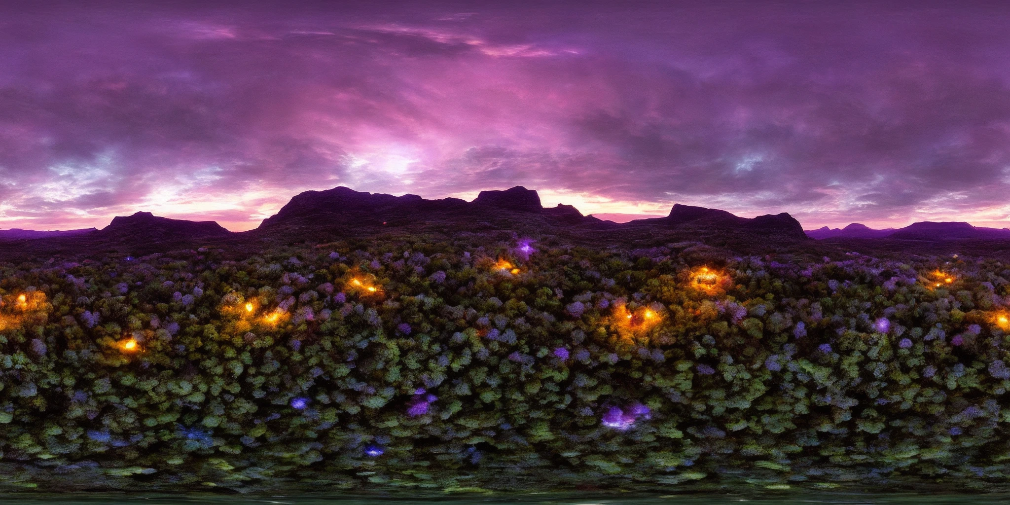 360panorama,No seams,Generate an enchanting and surreal depiction of a world locked in perpetual twilight. Picture a captivating landscape where the boundaries between day and night blur into an everlasting twilight. The sky should be a mesmerizing blend of deep blues and soft purples,with a faint,ethereal glow on the horizon. Show a mystical terrain,featuring delicate,bioluminescent flora and fauna that illuminate the landscape with gentle,otherworldly radiance. Let the scene emanate a sense of tranquility,mystery,and a touch of magic. Focus on intricate details and realism to create an image that transports viewers to this captivating twilight realm,<lora:360èªæ-V1.4:1>,