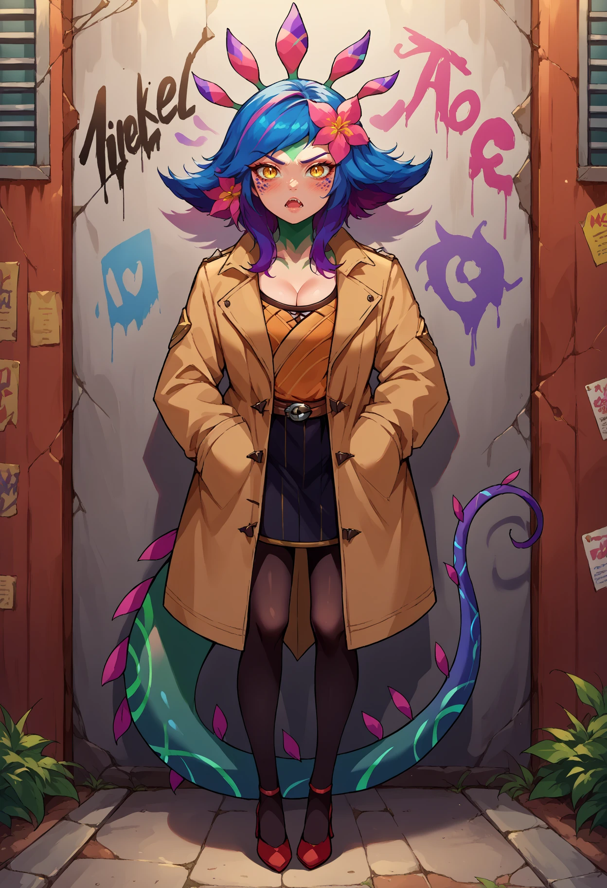 core_9, score_8_up,score_7_up, source_anime, 1girl, solo, <lora:EPllNeeko_epoch_8:1>, EPllNeeko, medium hair, multicolored hair, pink hair, purple hair, blue hair, yellow eyes, tail, hair flower, bangs, fang, open mouth, blush, monster girl, PONYXL_GraffitiWall_ownwaifu, looking at viewer, standing, graffiti, against wall, hands in pockets, serious, drop shadow, <lora:PONYXL_GraffitiWall_ownwaifu:0.75> , depth of field , coat, trenchcoat, black pantyhose, high heels, red footwear, cleavage