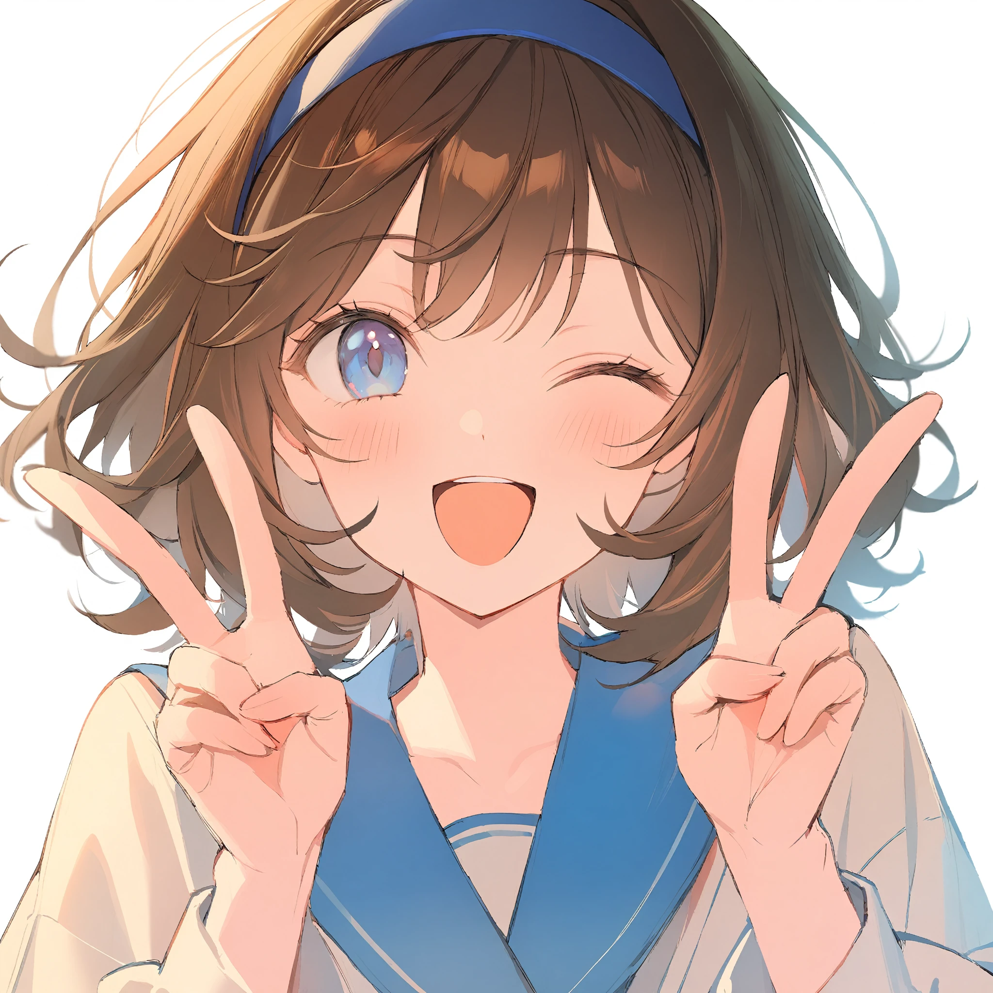 1girl,
solo, simple background, looking at viewer, smile, blush, portrait, one eye closed, brown hair, hands up, happy, open mouth, tongue, blue hairband, v, blue eyes, hairband, white background, double v, ;d, short hair, eyelashes,
masterpiece, best quality, safe
<lora:mki-ani31-blackmeow-v1-000120:1>