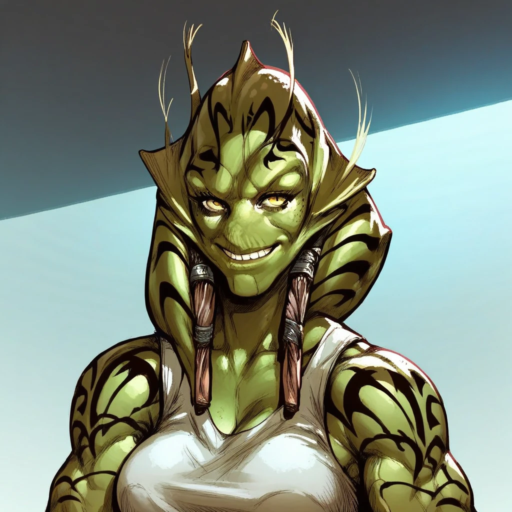 score_9, score_8_up, score_7_up BREAK Kalleran, alien, Star Wars, yellow, muscular female, skin, tattoo, 1girl, solo, tanktop, smile,