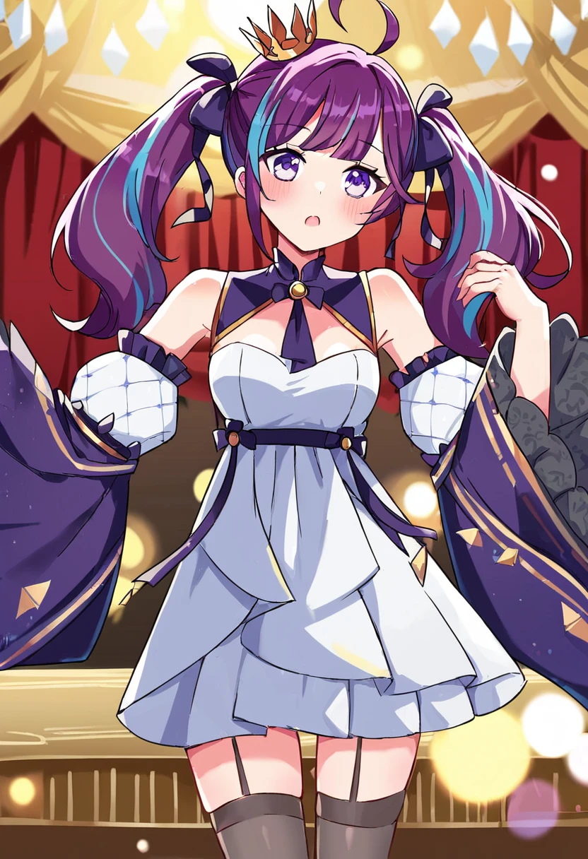 masterpiece,best quality,score_9,score_8_up,score_7,1girl,source_anime,1girl,twintails,multicolored hair,detached sleeves,bangs,crown,dress,purple hair,streaked hair,white dress,ahoge,ribbon,two-tone-hair,bare shoulders,long sleeves,purple eyes,thighhighs,wide sleeves,bow,garter straps,long hair,mini crown,hair ribbon,puffy sleeves,black thigghighs,detached collar,hair bow,<lora:Pony_å°ä¸äººé±¼-000009:0.8>,indoors,on bed,blush,medium breasts,dancing,stage,