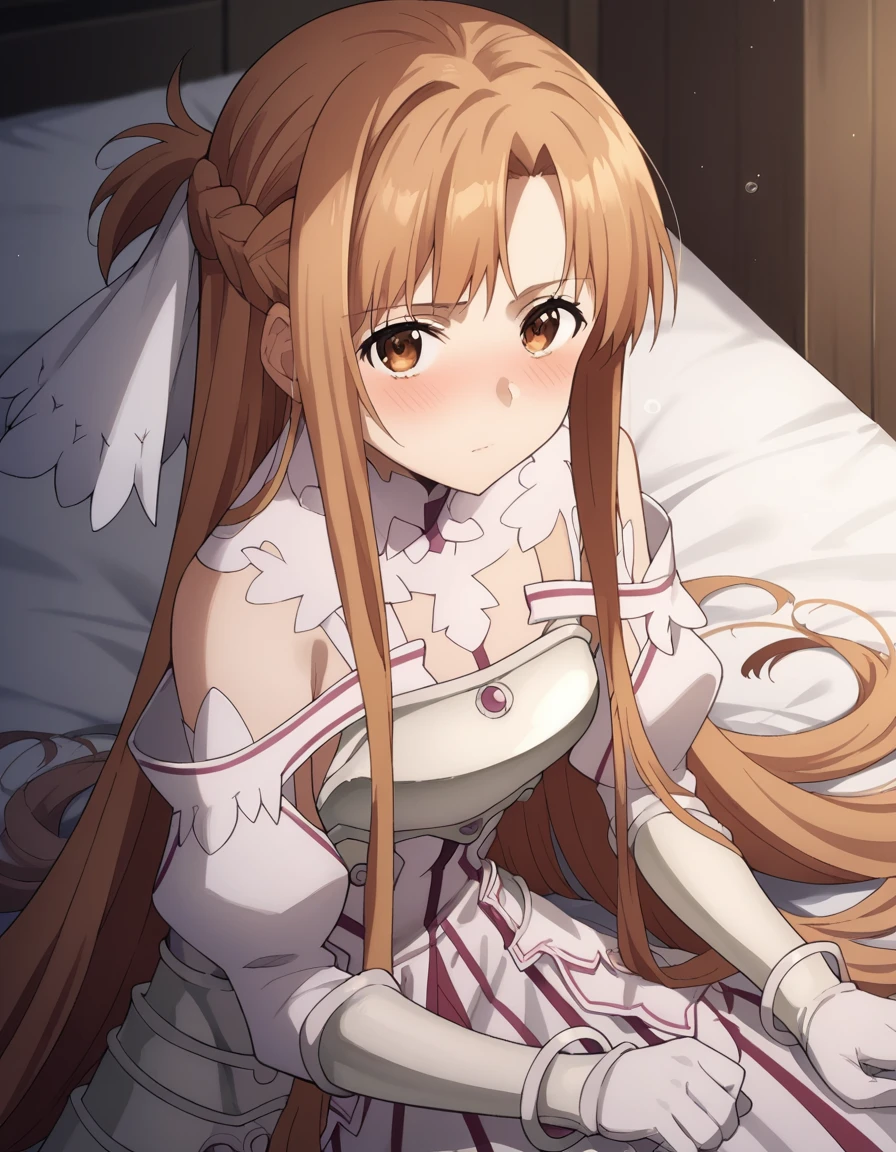 score_9, score_8_up, score_7_up, source_anime,
asunayuuki, <lora:asuna-yuuki-s3-ponyxl-lora-nochekaiser:1>,
asuna yuuki, long hair, bangs, brown hair, brown eyes, very long hair, braid, 
dress, bare shoulders, detached sleeves, white dress, armor, breastplate, white armor,
indoors, bed, bed room, on side, blush, drunk,
solo, looking at viewer, cowboy shot, dutch angle,