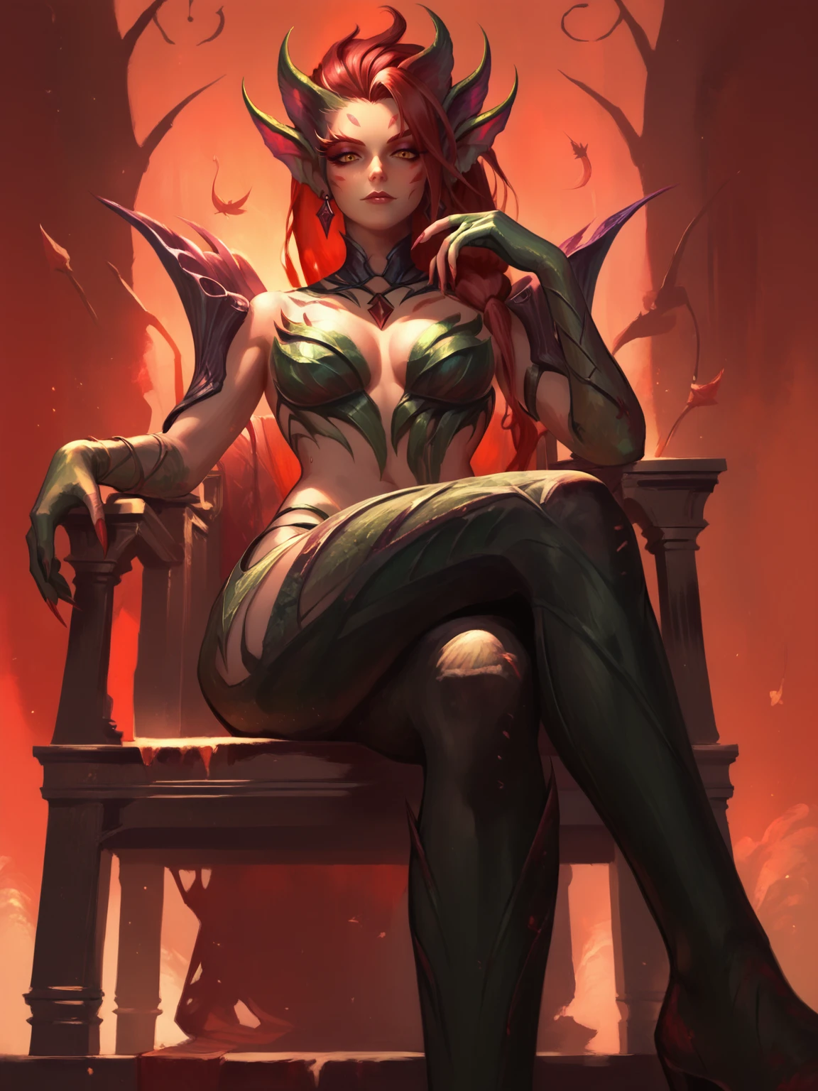 score_9, score_8_up, score_7_up, ZyraNormal, red long hair, bridgeless bra, green leaf gloves, red floral shoulder pads, face marks, long fingernails, plant pants, low-angle view, crossed legs, reclining, sitting on throne, dominant female, submissive pov, neon background, bloody night, wodeipoi <lora:ZyraNormal:1> <lora:wodeipoi:1>