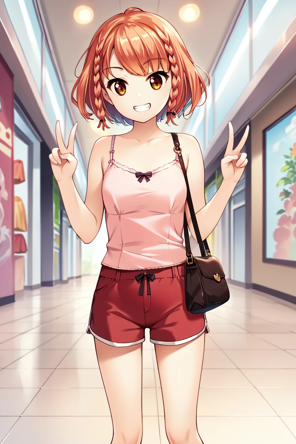 score_9, score_8_up, score_7_up, score_6_up, rating_safe, source_anime, best quality, masterpiece, detailed background, (cowboy shot), mall, pink camisole, red shorts, purse, bare legs, double v signs, grin, knees together, legs apart, standing, <lora:kusakabe-korona-xl-04:1>, kusakabe korona, small breasts,