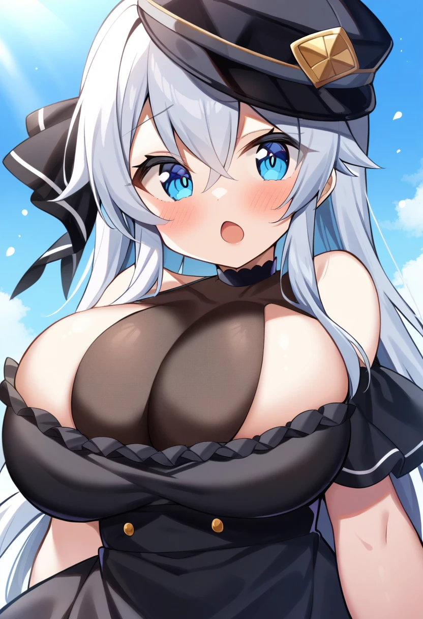 1girl, solo, aged down, yano mitsuki \(nanairo\),
long hair, silver hair, blue eyes, huge breasts, black dress, frilled dress, frills, hat, cleavage, see-through cleavage, open mouth,
blue sky,
masterpiece, best quality, very aesthetic, absurdres,