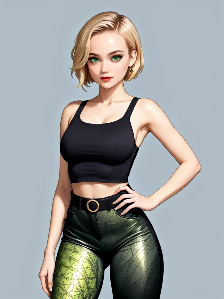 (score_9, score_8_up:1.2), person, blonde, grey-green eyes, (2d style, cartoon style, lines, flat colors, anime style:1.15), medium-short hair, (detailed sexy eyes:0.6), (red lips:0.82), black top, brown belt, (welcome:0.9), (small waist, thick hips:1.3), open. (fractal style, fractal world, fractal outfit, fractal pants, fractal background:1.22), 8k, highly detailed, (reaching out her hand, female hand, perfect hand:1.5)